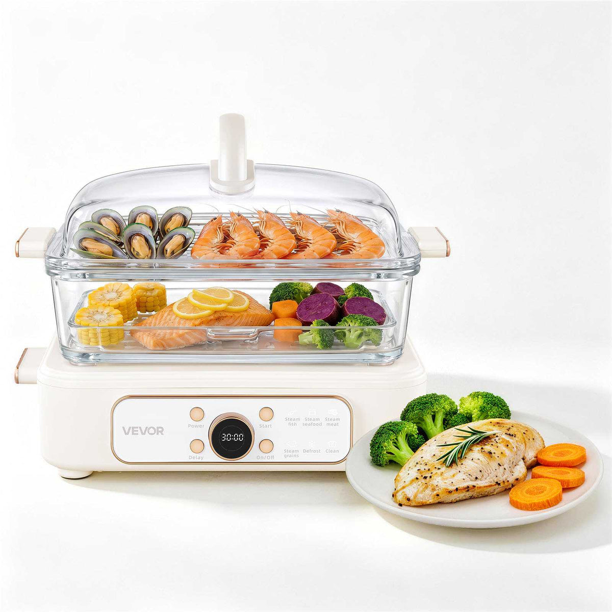 Electric Food Steamer 6.3 QT Glass with 2-Tier Stainless Steel Trays, 1200W Vegetable Steamer for Cooking, 1-3 Servings, Pre-Programmed Settings, Delay Start, for Veggies, Seafood & Rice, White