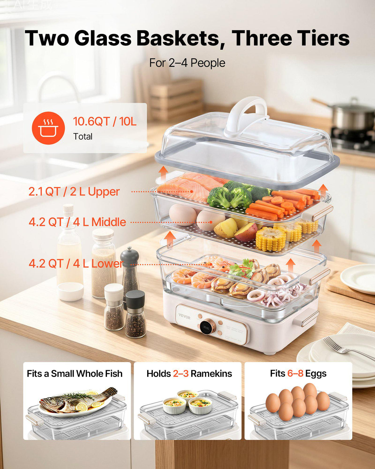 Electric Food Steamer 10.6 QT Glass with 3-Tier Stainless Steel Trays, 1200W Vegetable Steamer for Cooking, 2-4 Servings, Pre-Programmed Settings, Delay Start, for Veggies, Seafood & Rice, White