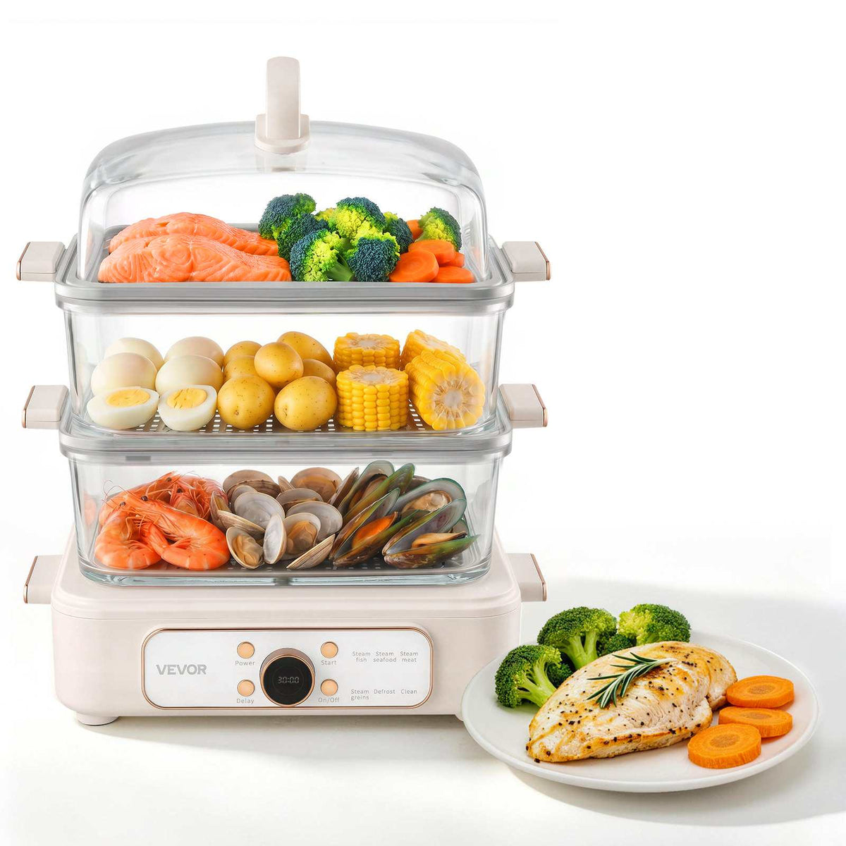 Electric Food Steamer 10.6 QT Glass with 3-Tier Stainless Steel Trays, 1200W Vegetable Steamer for Cooking, 2-4 Servings, Pre-Programmed Settings, Delay Start, for Veggies, Seafood & Rice, White