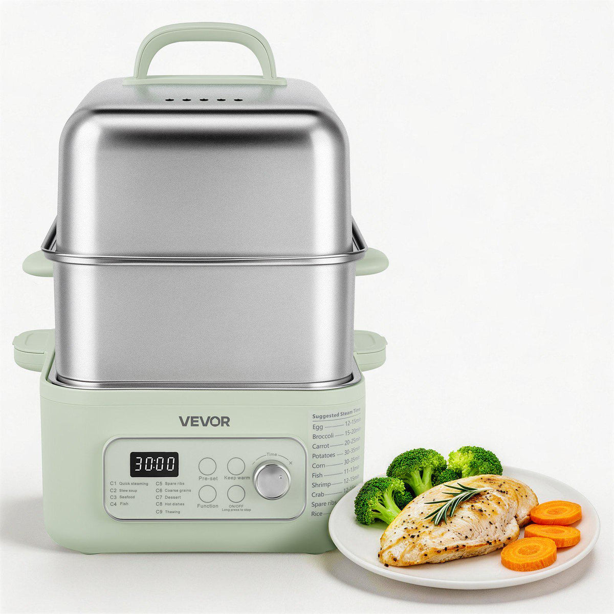 Electric Food Steamer 13.7 QT 2-Tier Stainless Steel for 3-6 Servings, 1500W Vegetable & Meal Steamer for Cooking with 9 Pre-Programmed Settings, Keep Warm, for Veggies, Seafood & Rice, Green