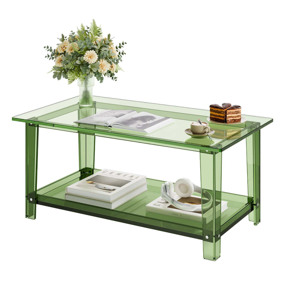 Acrylic Coffee Table, 2 Tiers Center Table with Storage Shelf, Modern Rectangle Acrylic Coffee Desk, Ideal for Dining Room, Kitchen Island, Restaurant, Office, 19.7 x 31.5 x 15.7 in (Green)