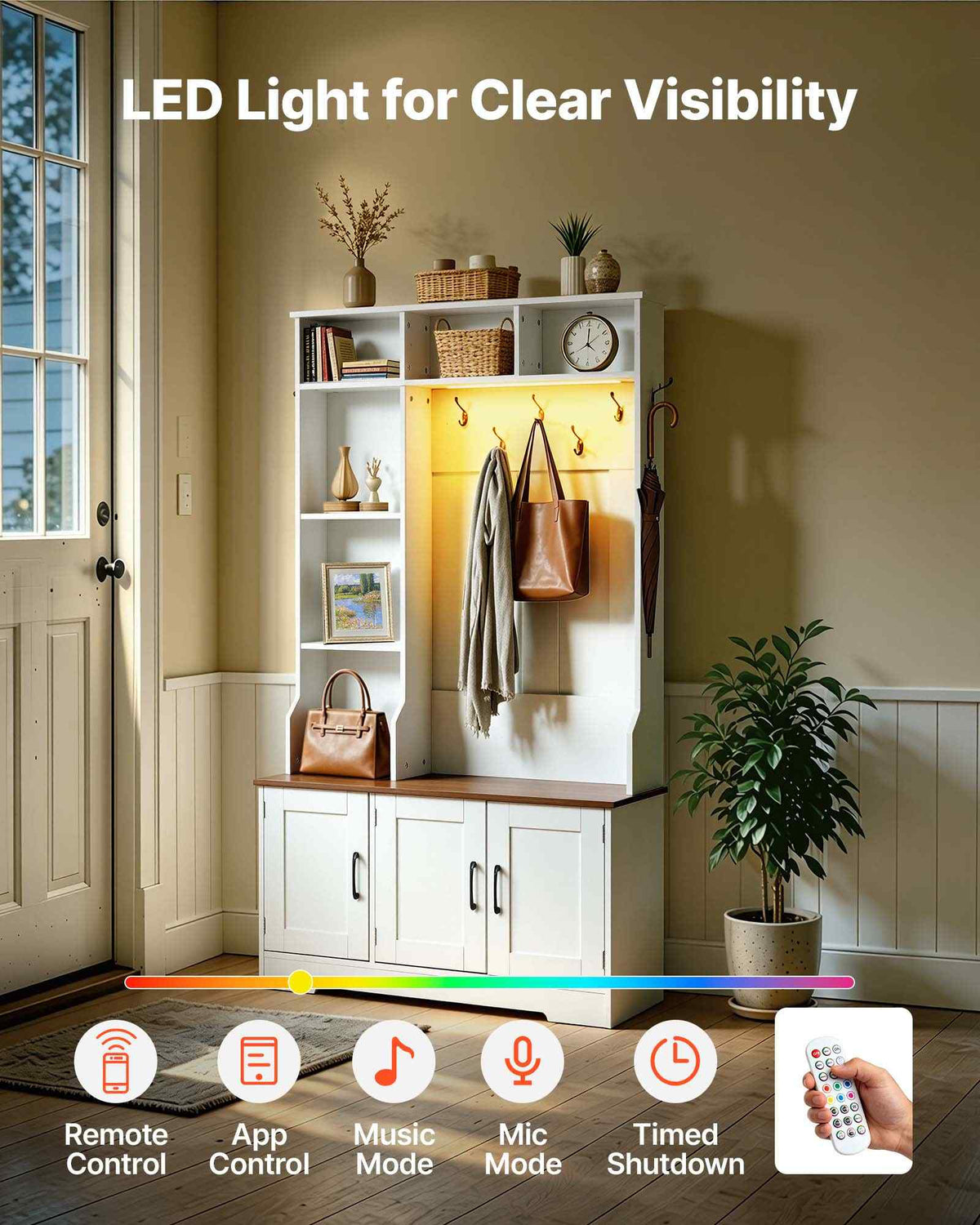 Hall Tree with Bench and Shoe Storage, 39" Wide, Entryway Hall Tree with Bench, Hanging Hooks, Storage Shelves, Adjustable Shoe Shelves, LED Light, Wooden, for Mudroom, Entryway, Hallway, White