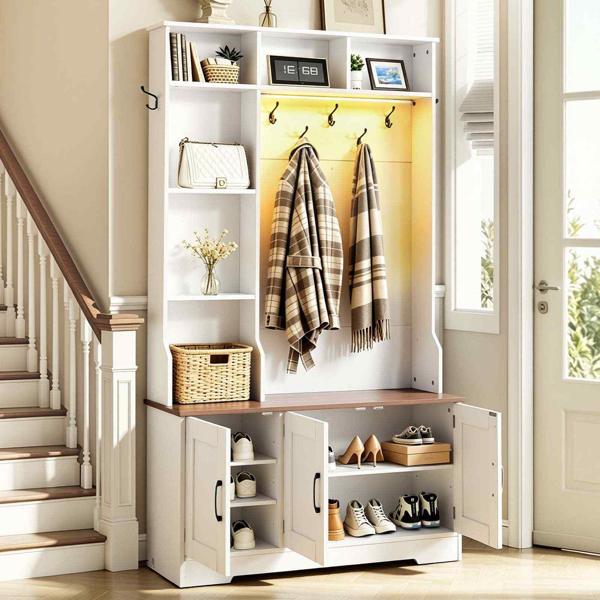 Hall Tree with Bench and Shoe Storage, 39" Wide, Entryway Hall Tree with Bench, Hanging Hooks, Storage Shelves, Adjustable Shoe Shelves, LED Light, Wooden, for Mudroom, Entryway, Hallway, White