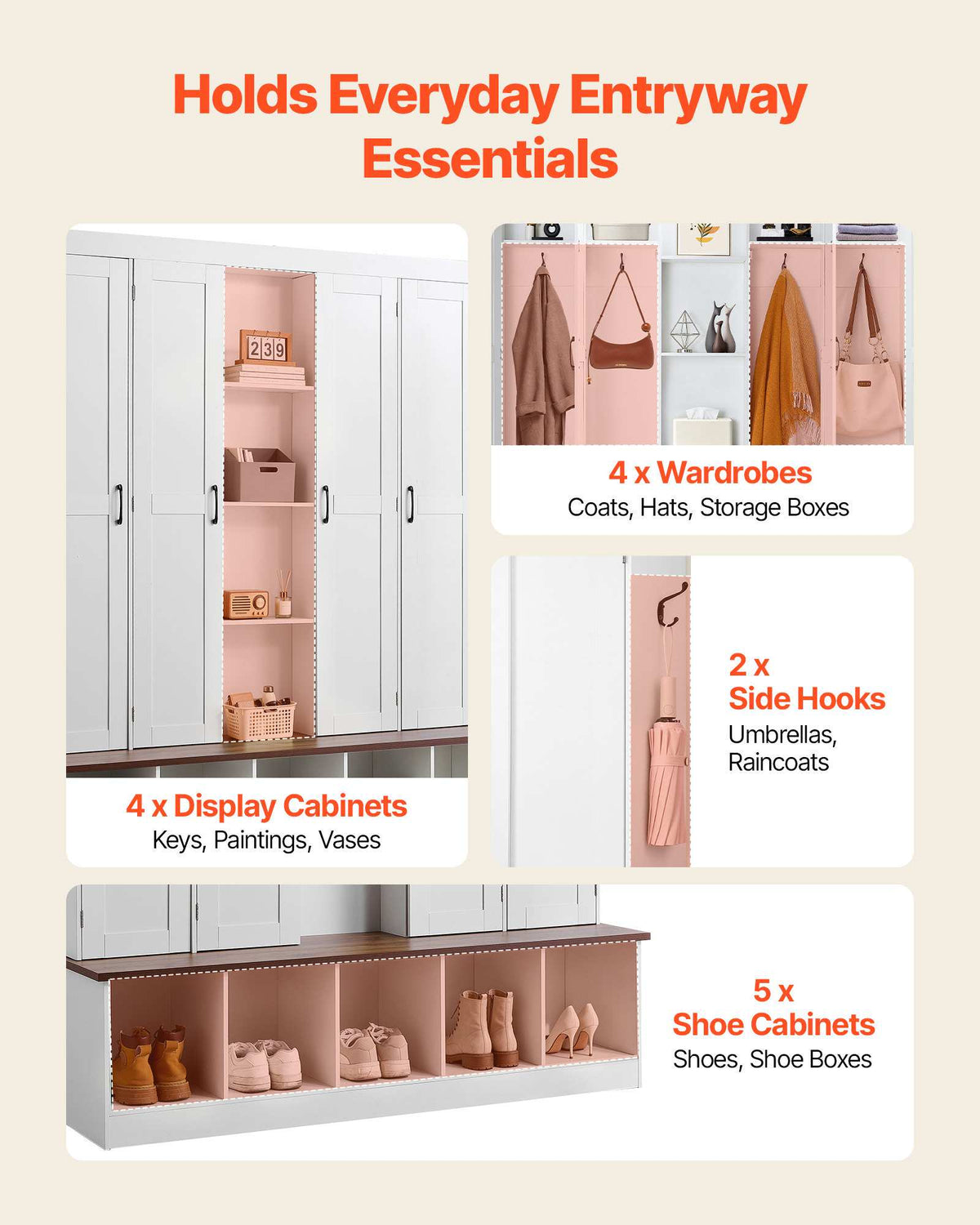 Hall Tree with Bench and Shoe Storage, 63" Wide, 4-in-1 Entryway Hall Tree with Bench, Hanging Hooks, Storage Cabinet, and Shoe Cabinet, Wooden Furniture for Mudroom, Entryway, Hallway, White