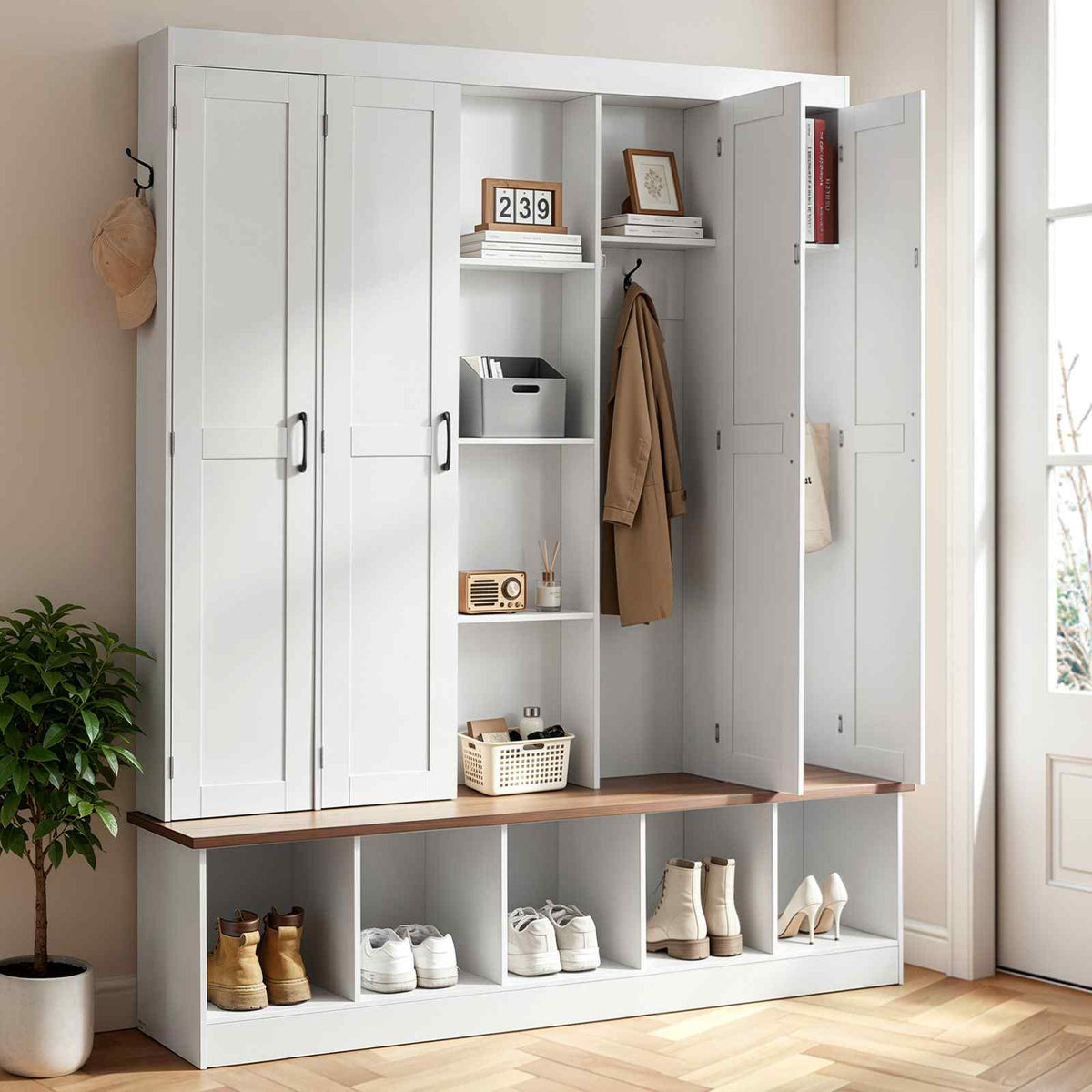 Hall Tree with Bench and Shoe Storage, 63" Wide, 4-in-1 Entryway Hall Tree with Bench, Hanging Hooks, Storage Cabinet, and Shoe Cabinet, Wooden Furniture for Mudroom, Entryway, Hallway, White
