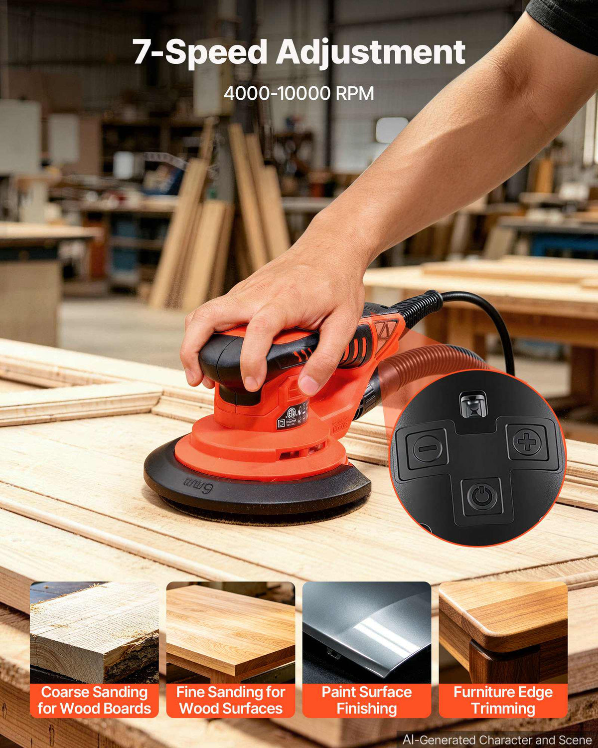 6-Inch Random Orbital Sander 400W Brushless Orbital Sander, 4000-10000RPM 7 Speeds Electric Palm Sanders with 10PCS Sandpapers, Dust Bag & Vacuum Hose for Woodworking Detailing Sanding