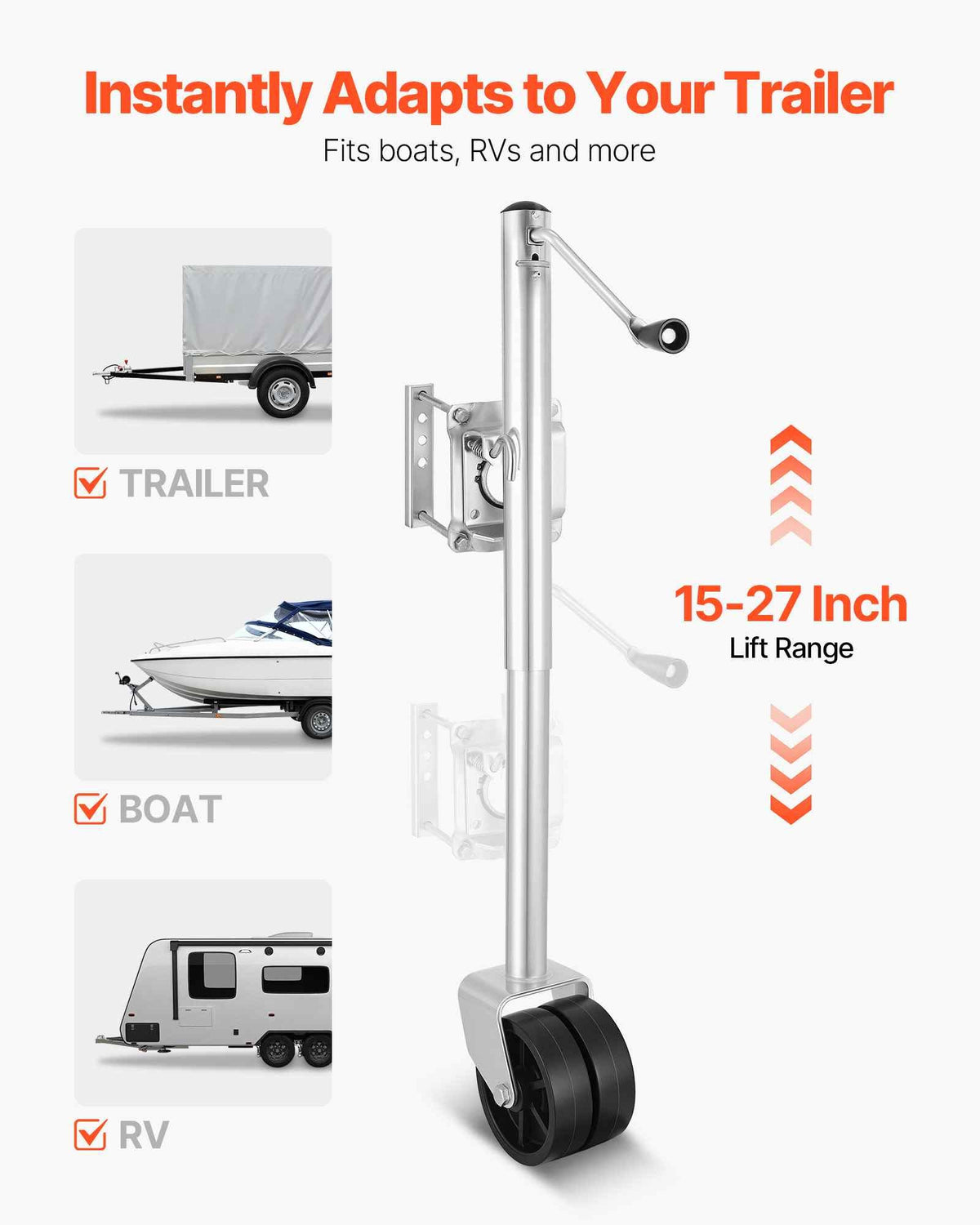 Trailer Jack with Wheel, 2000 lbs Load Capacity, Heavy Duty Swivel Boat Trailer Jack with PP Dual Wheel & Ergonomic Handle, 15-27 Inch Lift Range, Fit for RVs, Boats and Utility Trailers