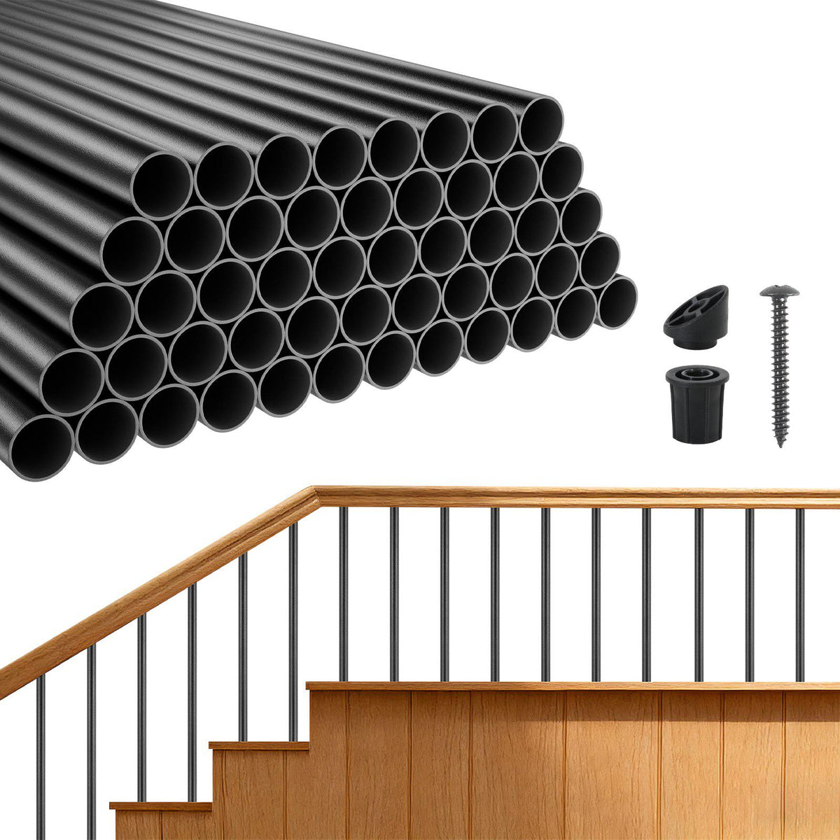 125 Pack Deck Balusters, 36 in Aluminum Railing Spindles, 3/4 in Diameter Hollow Round Metal Decking Stair Balusters with Connectors, Screws, for Deck, Porch & Staircase Railing Fence, Black