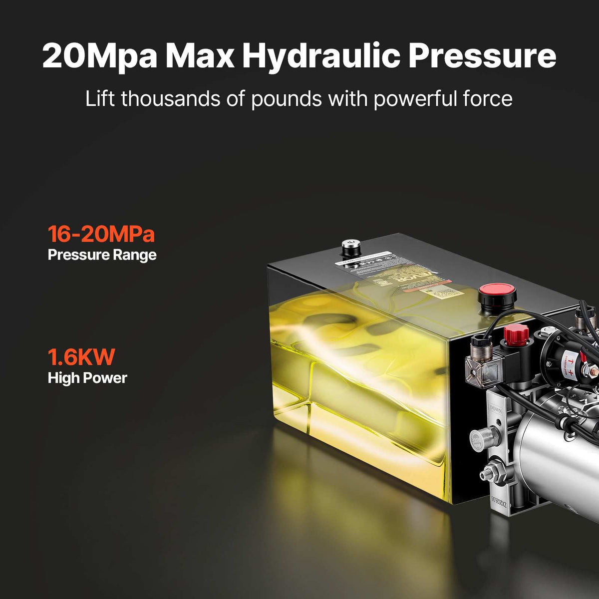 10 Quart Hydraulic Pump, Double Acting Hydraulic Trailer Pump, 3200PSI Max Relief Pressure, 0.91GPM Flow Rate, DC12V 1.6KW Power Unit for Dump Trailer Car Lifting (Horizontal Installation)