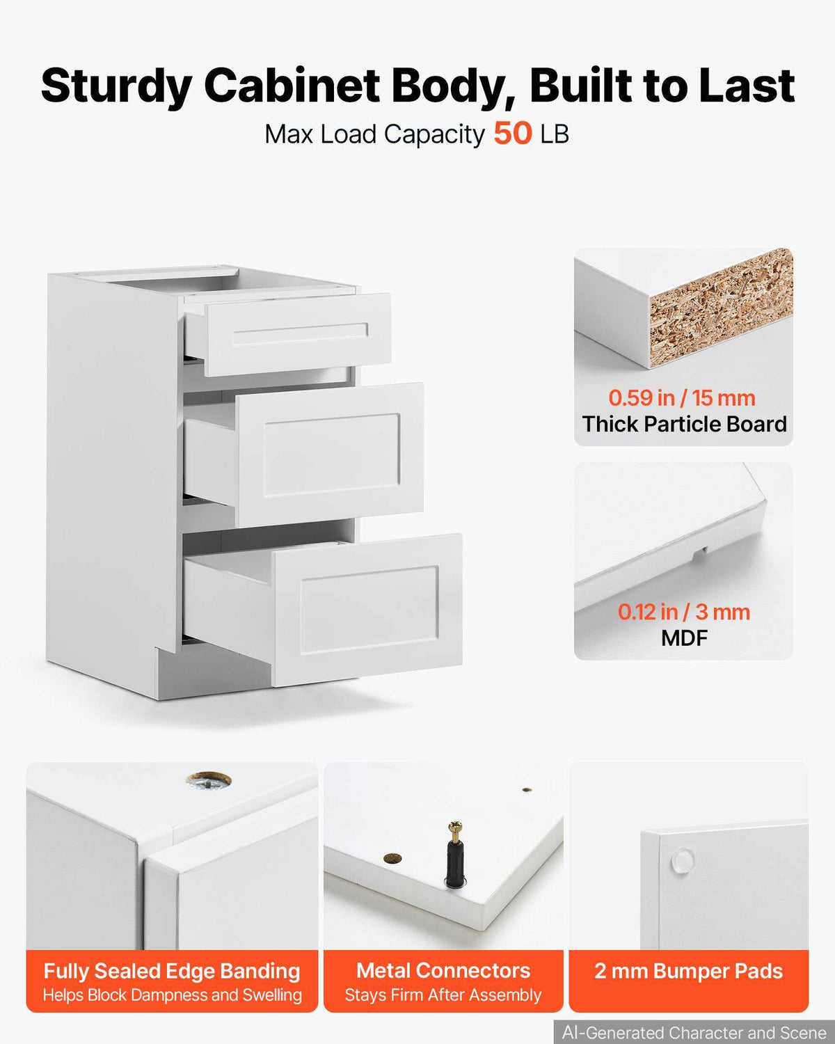 White Shaker Base Cabinet Ready to Assemble, 18"W Unassembled Cabinet, 18" W x 24" D x 34.5" H, with 3 Drawers, Soft-Close Hardware, Fine Edge Banding, for Home, Office, and Laundry Room