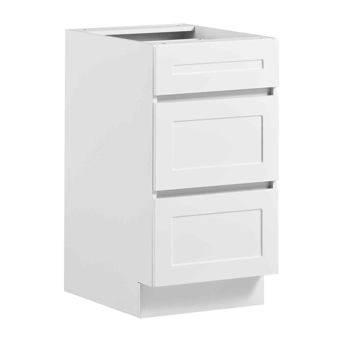 White Shaker Base Cabinet Ready to Assemble, 18"W Unassembled Cabinet, 18" W x 24" D x 34.5" H, with 3 Drawers, Soft-Close Hardware, Fine Edge Banding, for Home, Office, and Laundry Room