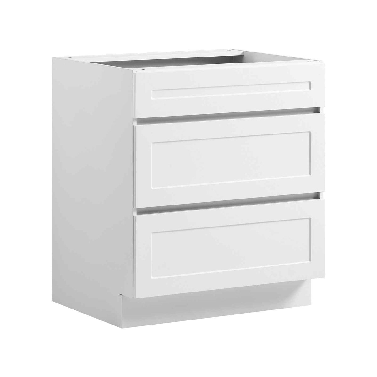 White Shaker Base Cabinet Ready to Assemble, 30"W Unassembled Cabinet, 30" W x 24" D x 34.5" H, with 3 Drawers, Soft-Close Hardware, Fine Edge Banding, for Home, Office, and Laundry Room