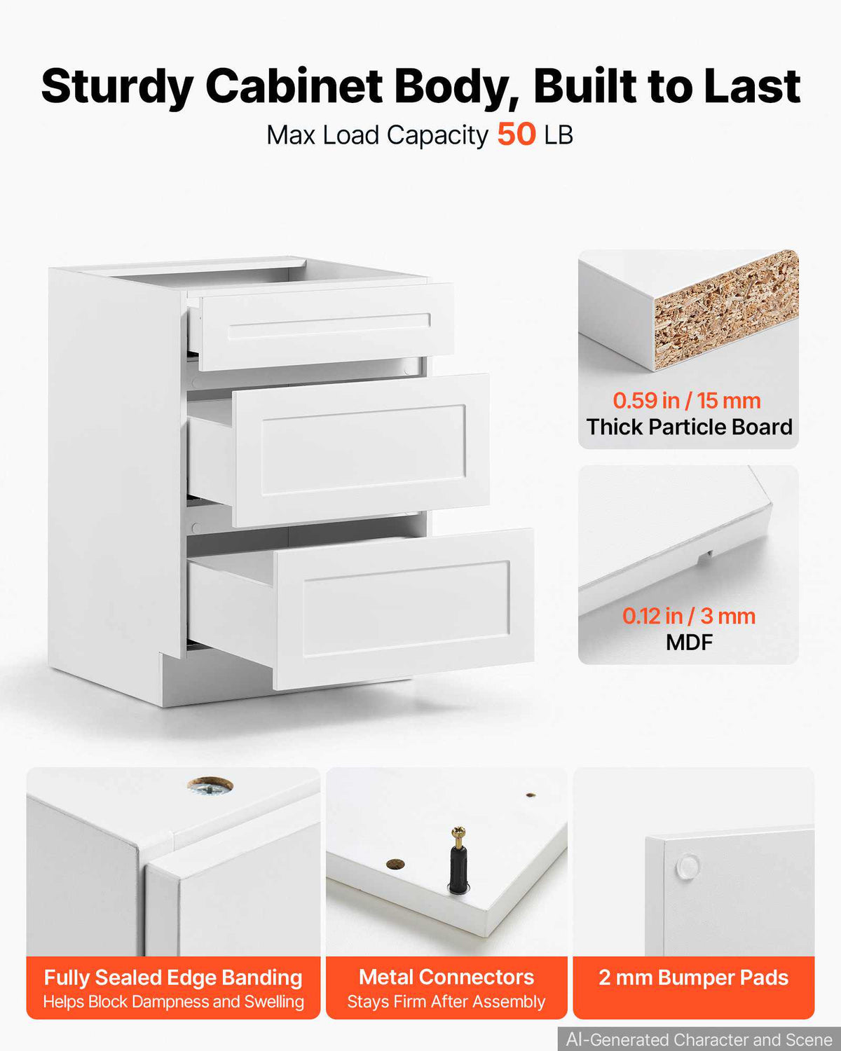 White Shaker Base Cabinet Ready to Assemble, 24"W Unassembled Cabinet, 24" W x 24" D x 34.5" H, with 3 Drawers, Soft-Close Hardware, Fine Edge Banding, for Home, Office, and Laundry Room