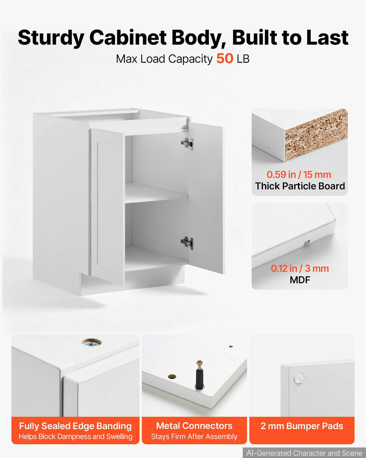 White Shaker Base Cabinet Ready to Assemble, 24"W Unassembled Cabinet, 24" W x 24" D x 34.5" H, with 2 Doors, Adjustable Shelf, Soft-Close Hardware, for Home, Office, and Laundry Room