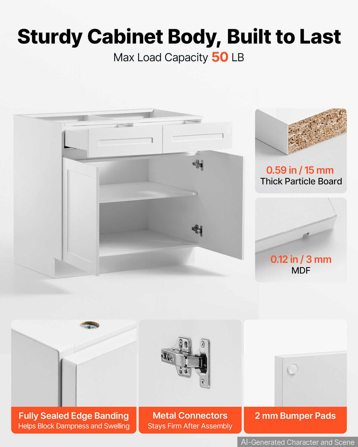 White Shaker Base Cabinet Ready to Assemble, 36"W Unassembled Cabinet, 36" W x 24" D x 34.5" H, with 2 Doors, 2 Drawers, Adjustable Shelf, Soft-Close Hardware, for Home, Office, and Laundry Room
