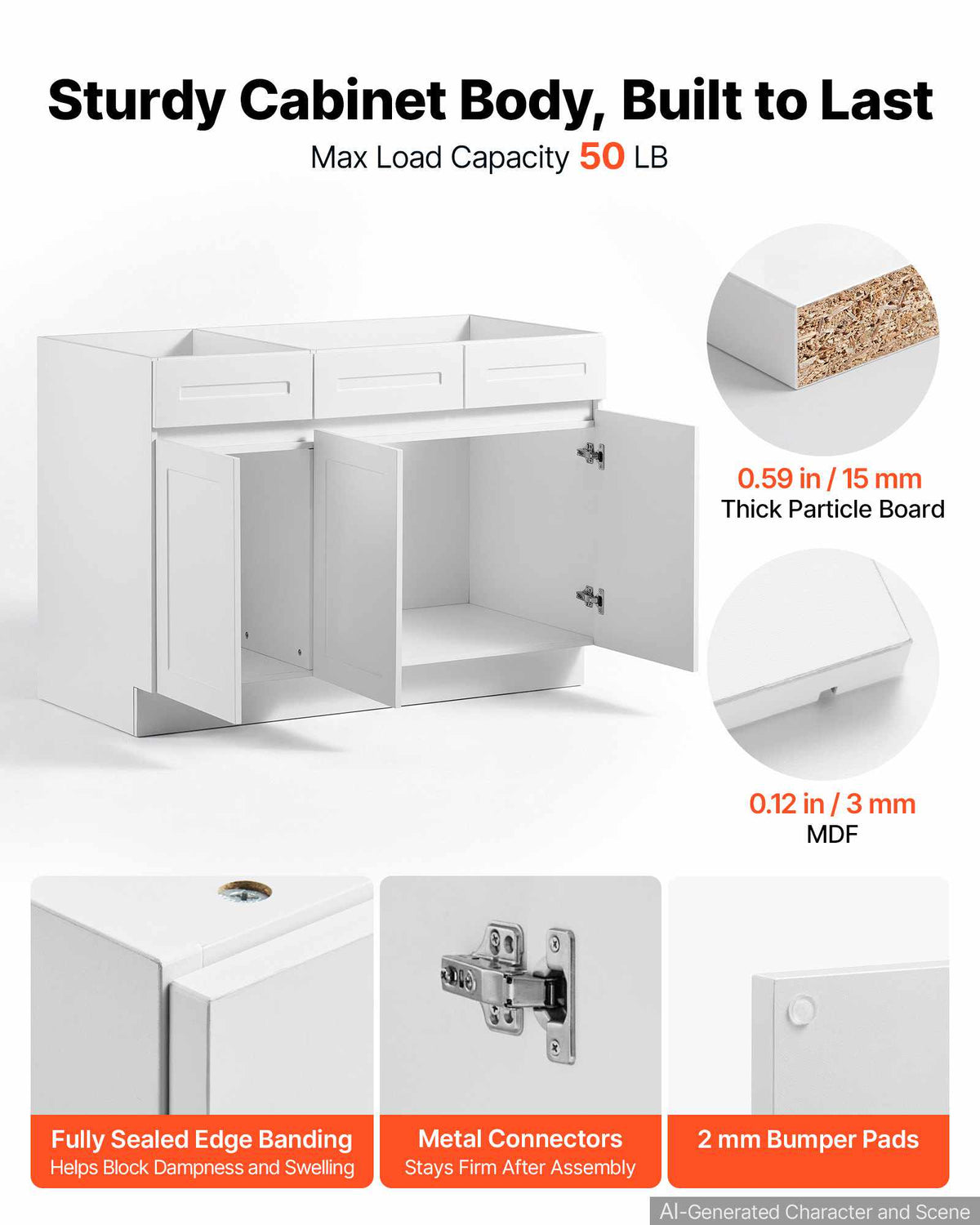 White Shaker Base Cabinet Ready to Assemble, 48"W Unassembled Sink Base Cabinet, 48" W x 24" D x 34.5" H, with 3 Doors, Soft-Close Hardware, Fine Edge Banding, for Home, Office, and Laundry Room
