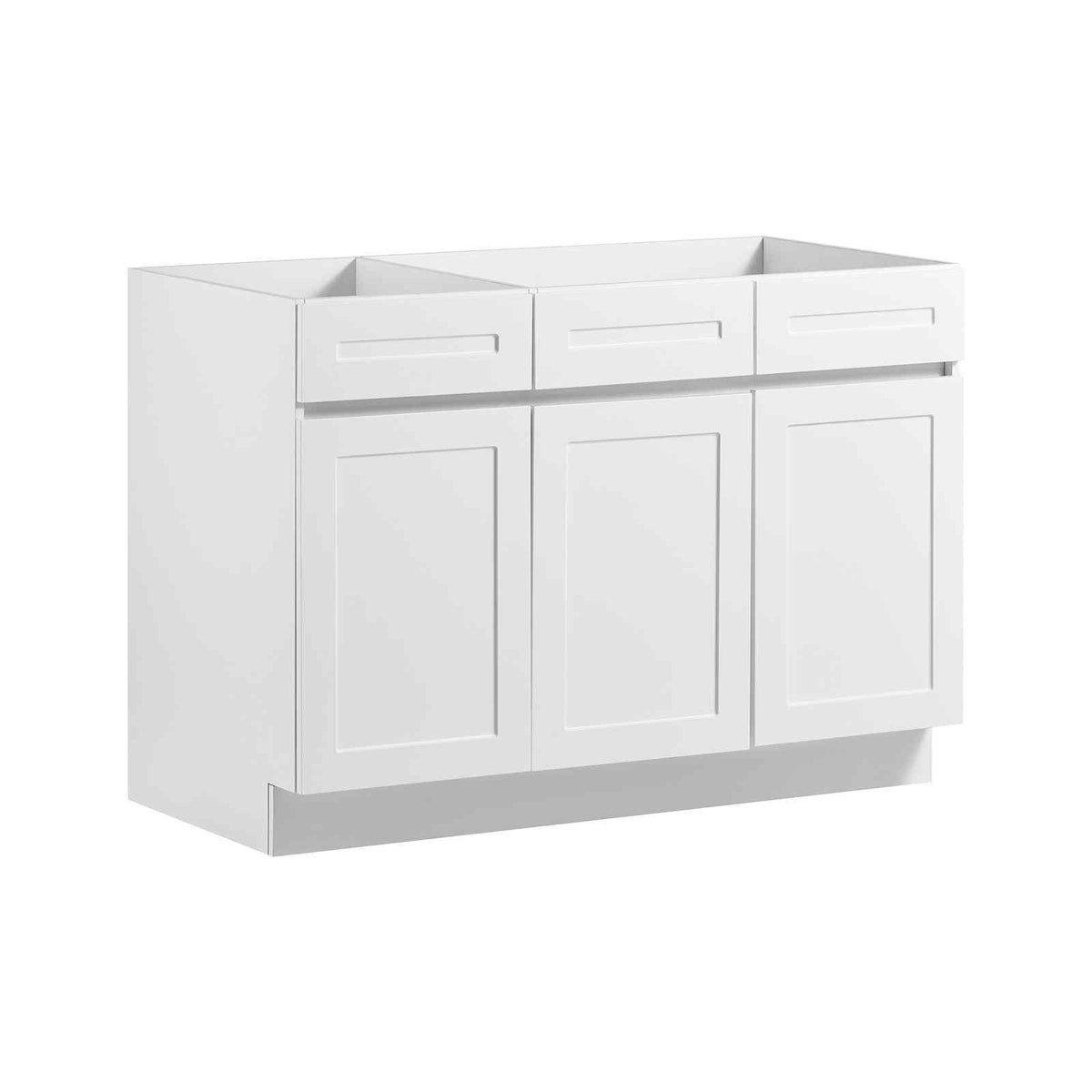 White Shaker Base Cabinet Ready to Assemble, 48"W Unassembled Sink Base Cabinet, 48" W x 24" D x 34.5" H, with 3 Doors, Soft-Close Hardware, Fine Edge Banding, for Home, Office, and Laundry Room