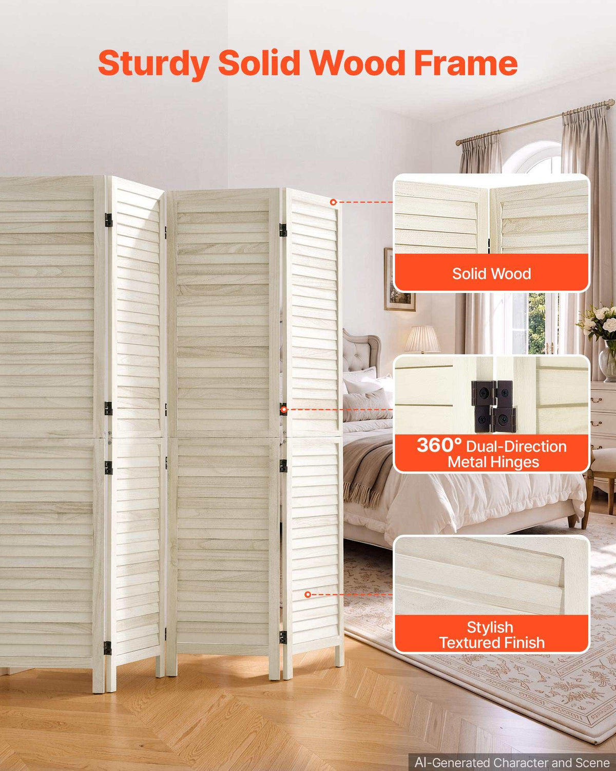 Wood Room Divider 4 Panels 67 in Tall Wood Folding Privacy Screen, For Room Separation & Home Decor, Solid Frame, 360° Two-Way Hinges, Easy Assembly, Louvered Wooden Partition with Hardware