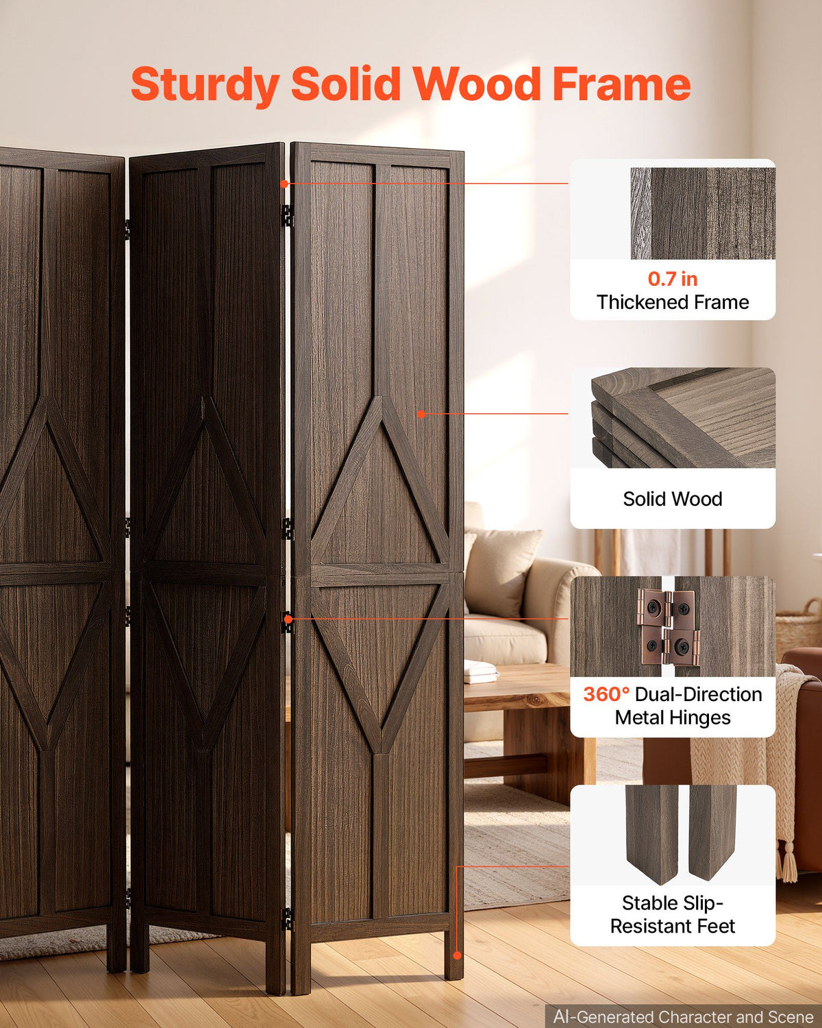 Wood Room Divider 4 Panels Wood Folding Privacy Screen Y Pattern, For Room Separation & Home Decor, 67 inches Tall, Solid Frame, 360° Two-Way Hinges, Rustic Wooden Partition with Hardware