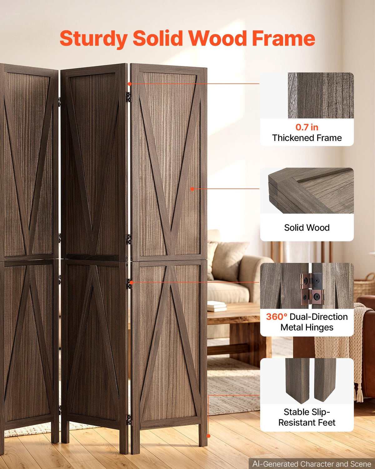 Wood Room Divider 4 Panels Wood Folding Privacy Screen X Pattern, For Room Separation & Home Decor, 67 inches Tall, Solid Frame, 360° Two-Way Hinges, Rustic Wooden Partition with Hardware