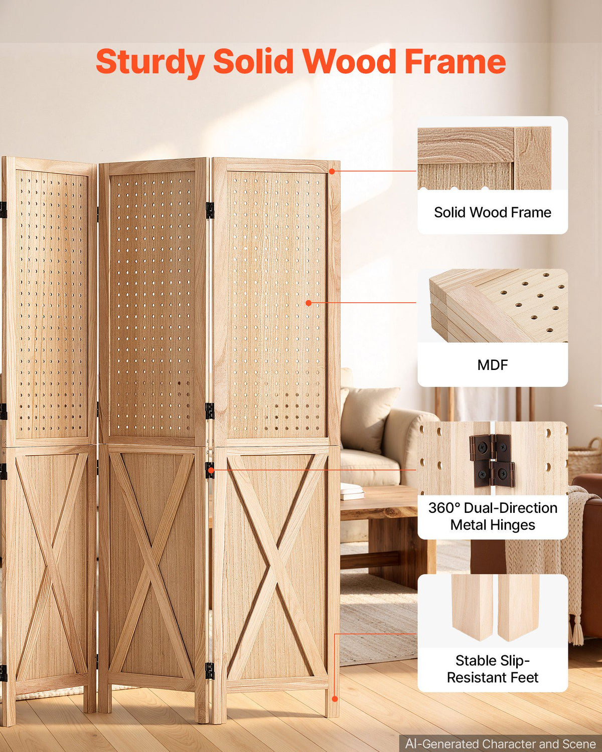 Wood Room Divider 4 Panels 59.8" Pegboard Wood Folding Privacy Screen, For Room Separation & Home Decor, Solid Frame with X Pattern, 360° Two-Way Hinges, Rustic Wooden Partition with Hardware