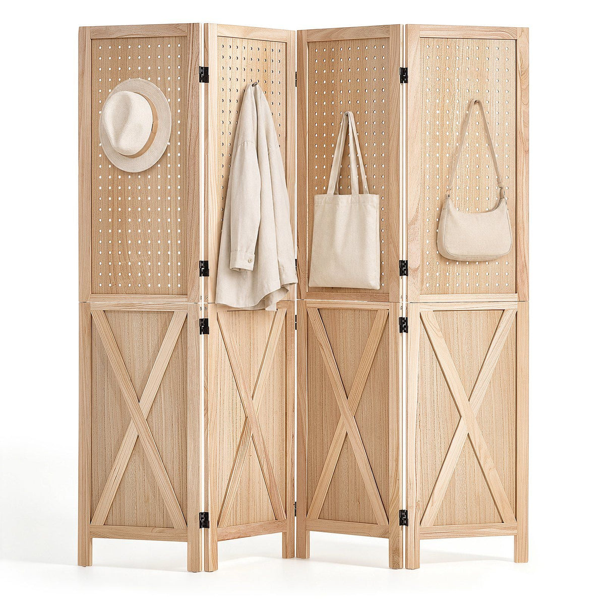 Wood Room Divider 4 Panels 59.8" Pegboard Wood Folding Privacy Screen, For Room Separation & Home Decor, Solid Frame with X Pattern, 360° Two-Way Hinges, Rustic Wooden Partition with Hardware