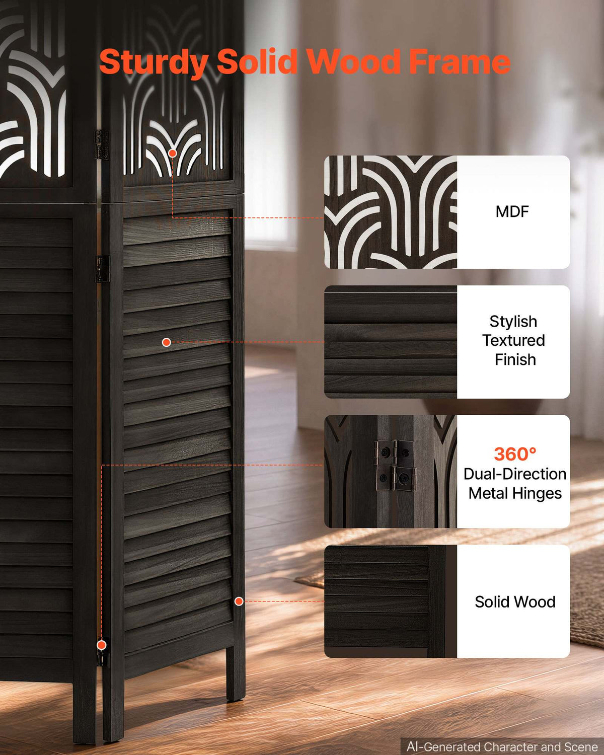 Wood Room Divider 6 Panels 67 in Carved Wood Folding Privacy Screen, For Room Separation & Home Decor, Solid Frame, 360° Two-Way Hinges, Easy Assembly, Louvered Wooden Partition with Hardware