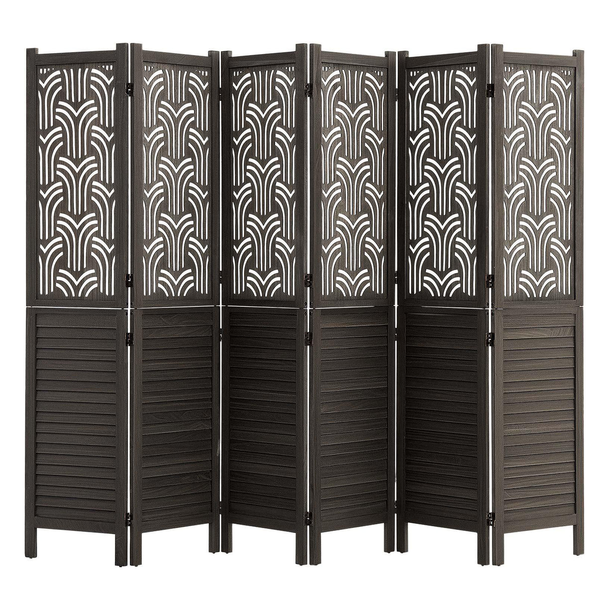 Wood Room Divider 6 Panels 67 in Carved Wood Folding Privacy Screen, For Room Separation & Home Decor, Solid Frame, 360° Two-Way Hinges, Easy Assembly, Louvered Wooden Partition with Hardware