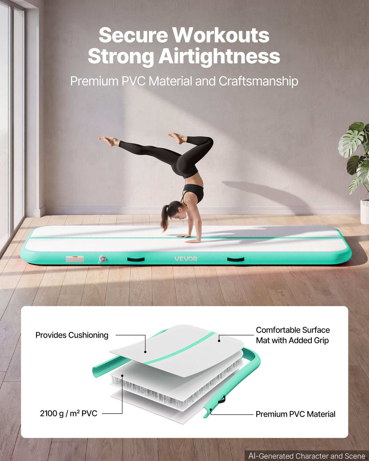 Inflatable Gymnastics Air Mat 10 ft Training Mats w/ Electric Pump, 4 inches Thick Sturdy Tumble Track, Tumbling Mat for Home Use/Gym/Outdoor/Yoga/Cheerleading/Beach/Park/Water, Mint Green