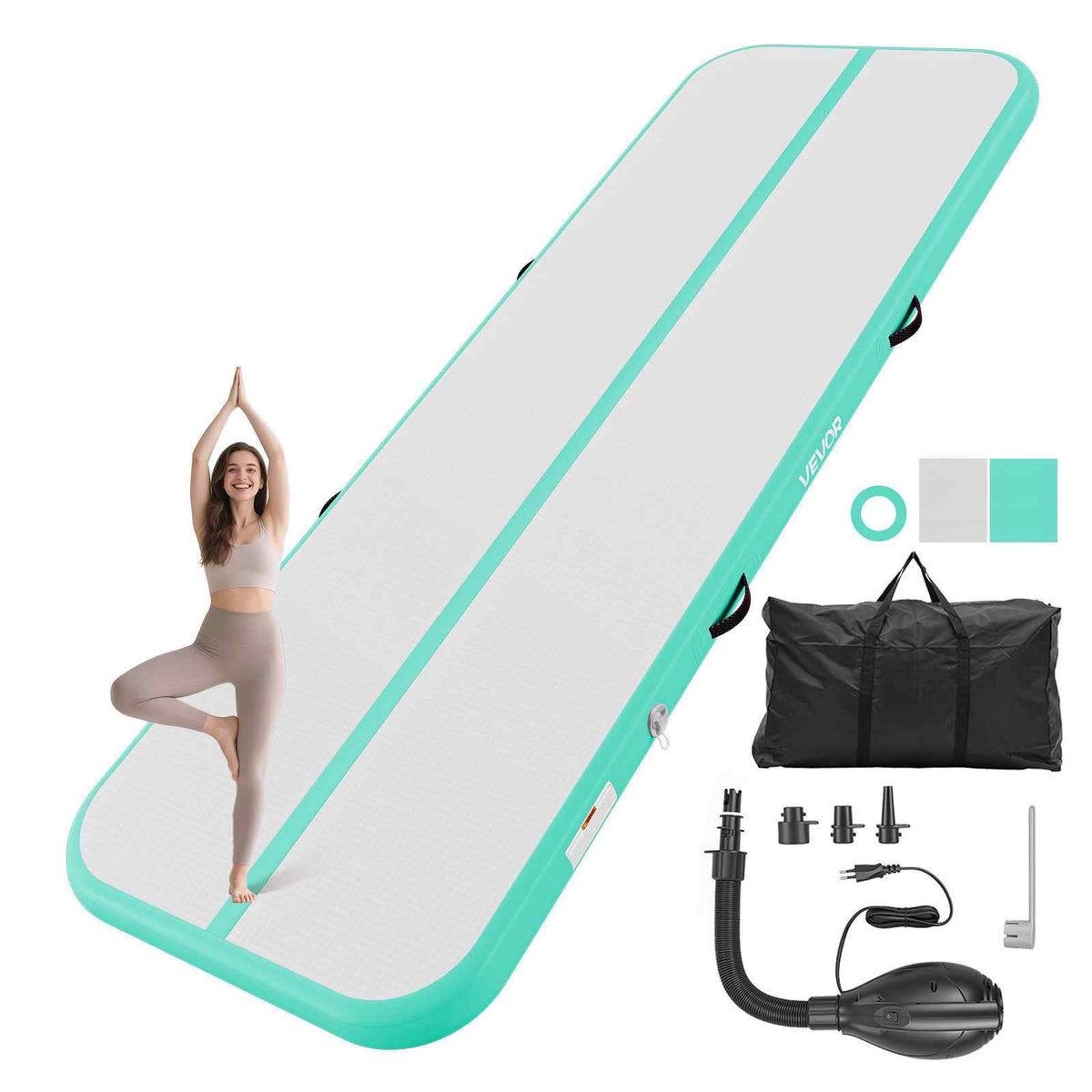 Inflatable Gymnastics Air Mat 10 ft Training Mats w/ Electric Pump, 4 inches Thick Sturdy Tumble Track, Tumbling Mat for Home Use/Gym/Outdoor/Yoga/Cheerleading/Beach/Park/Water, Mint Green