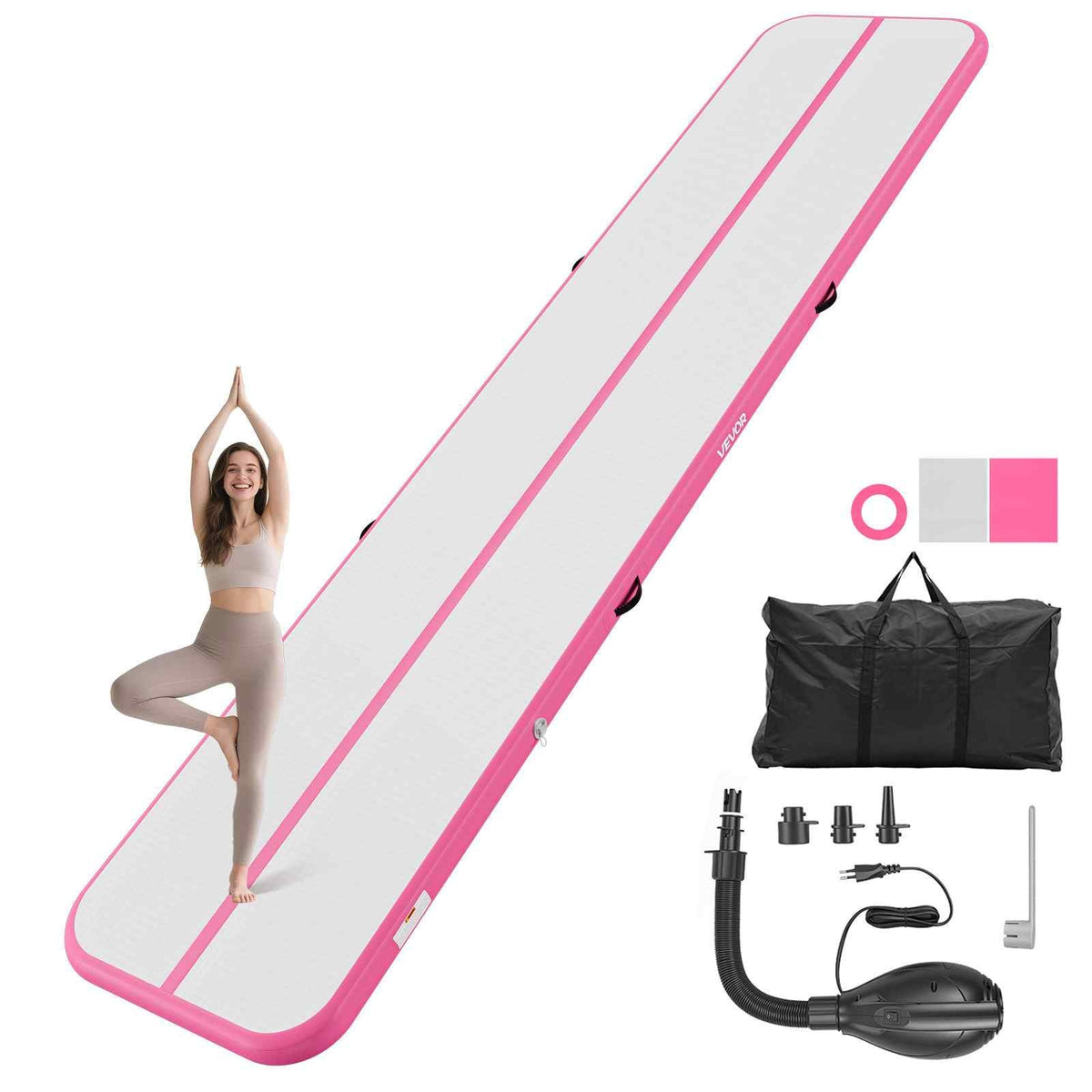 Inflatable Gymnastics Air Mat 16.4 ft Training Mats w/ Electric Pump, 4 inches Thick Sturdy Tumble Track, Tumbling Mat for Home Use/Gym/Outdoor/Yoga/Cheerleading/Beach/Park/Water, Pink