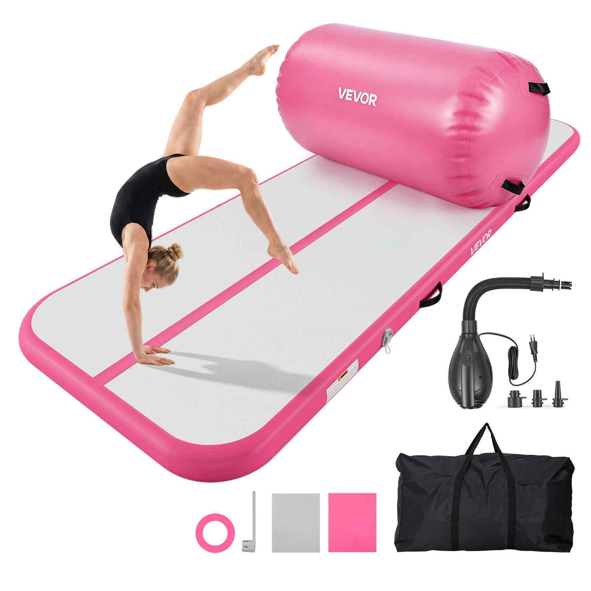 Inflatable Gymnastics Air Mat with Air Barrel 10 ft Training Mats, 4 inches Thick Sturdy Tumble Track with Electric Pump, Tumbling Mat for Home Use/Gym/Outdoor/Yoga/Cheerleading, Pink