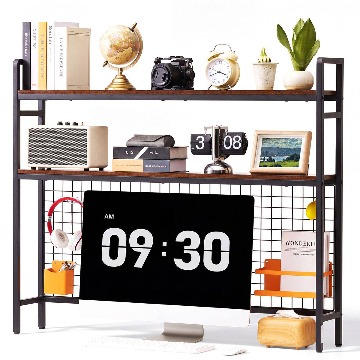 Desktop Bookshelf 3-Tier Countertop Storage Hutch with Grid Black, for Computer Desk, Metal Frame and Wooden Shelf, with Non-Slip Feet Pads, Desk Hutch Storage Organizer for Dorm, Home, Office