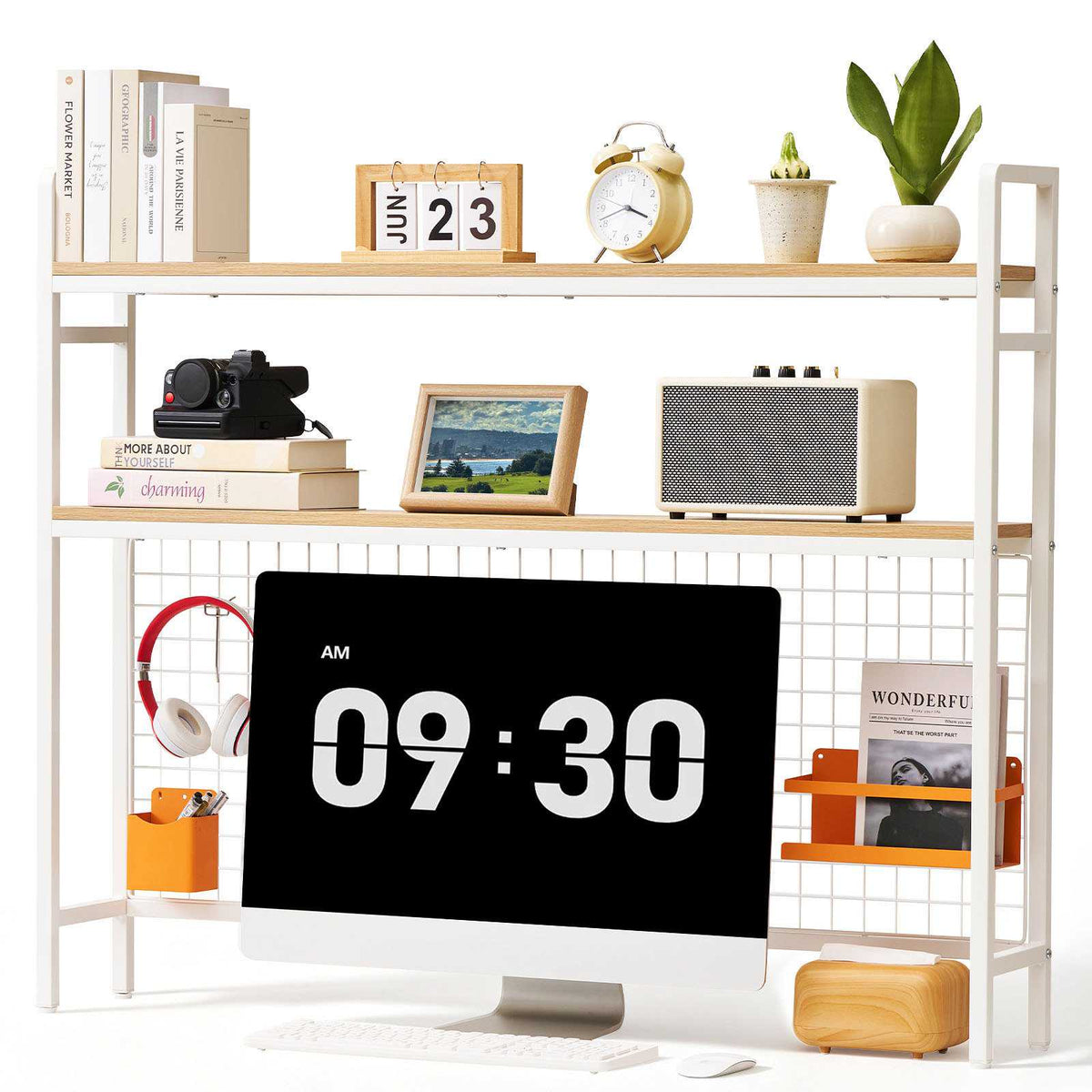 Desktop Bookshelf 3-Tier Countertop Storage Hutch with Grid White, for Computer Desk, Metal Frame and Wooden Shelf, with Non-Slip Feet Pads, Desk Hutch Storage Organizer for Dorm, Home, Office