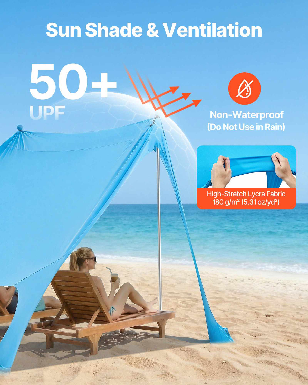 Beach Tent Sun Shelter, UPF50+ Sun Protection, 6.6 ft Tall, 7.5x7.5 ft, Easy Pop Up Beach Canopy with Sandbags, Stability Poles, Sand Shovels, Portable Shade for Family Outings, Camping, Fishing