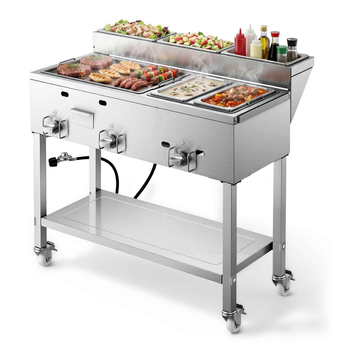 Outdoor Propane Griddle, 3 Burners (11,600 BTU Each), Commercial Stainless Steel Griddle with Two 1/3 Size Food Warming Pans, Portable Cart with 4 Lockable Wheels, for Hot Dogs, Burgers & Meats