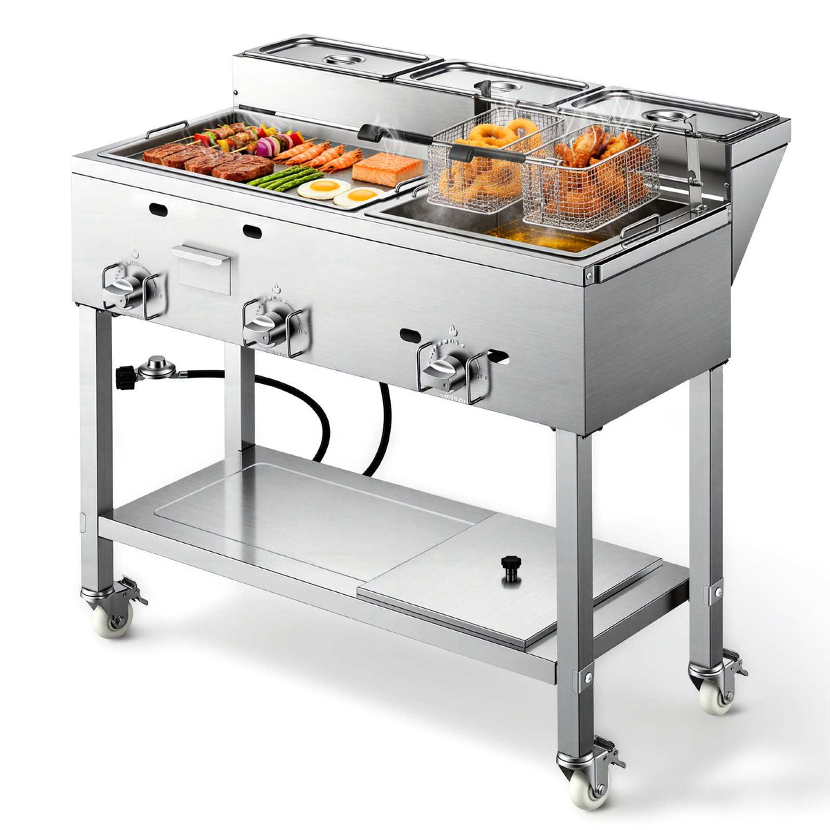 Outdoor Propane Fryer & Griddle Combo, 3 Burners (11,600 BTU Each), Commercial Stainless Steel Frying Cart with Wheels, 2 Fryer Baskets & 3 Food Pans, for Hot Dogs, Fried Chicken, Fries, Meats
