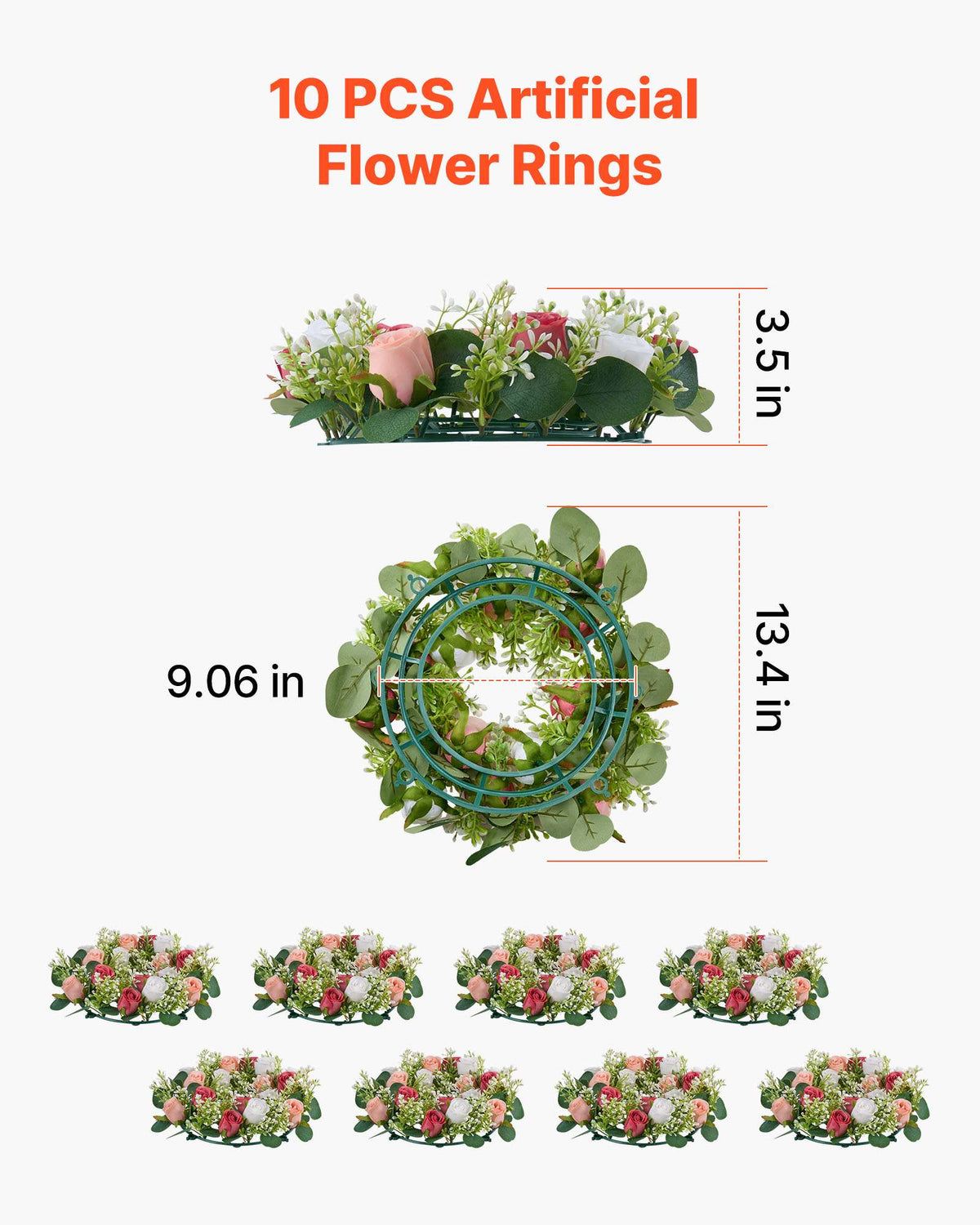Artificial Rose Wreath, 14-Inch Diameter Faux Flower Wreath with Pink and White Roses, Flower Arrangement Centerpiece for Valentine's, Mother's Day, Party, Wedding and Home Table Décor, 10 PCS