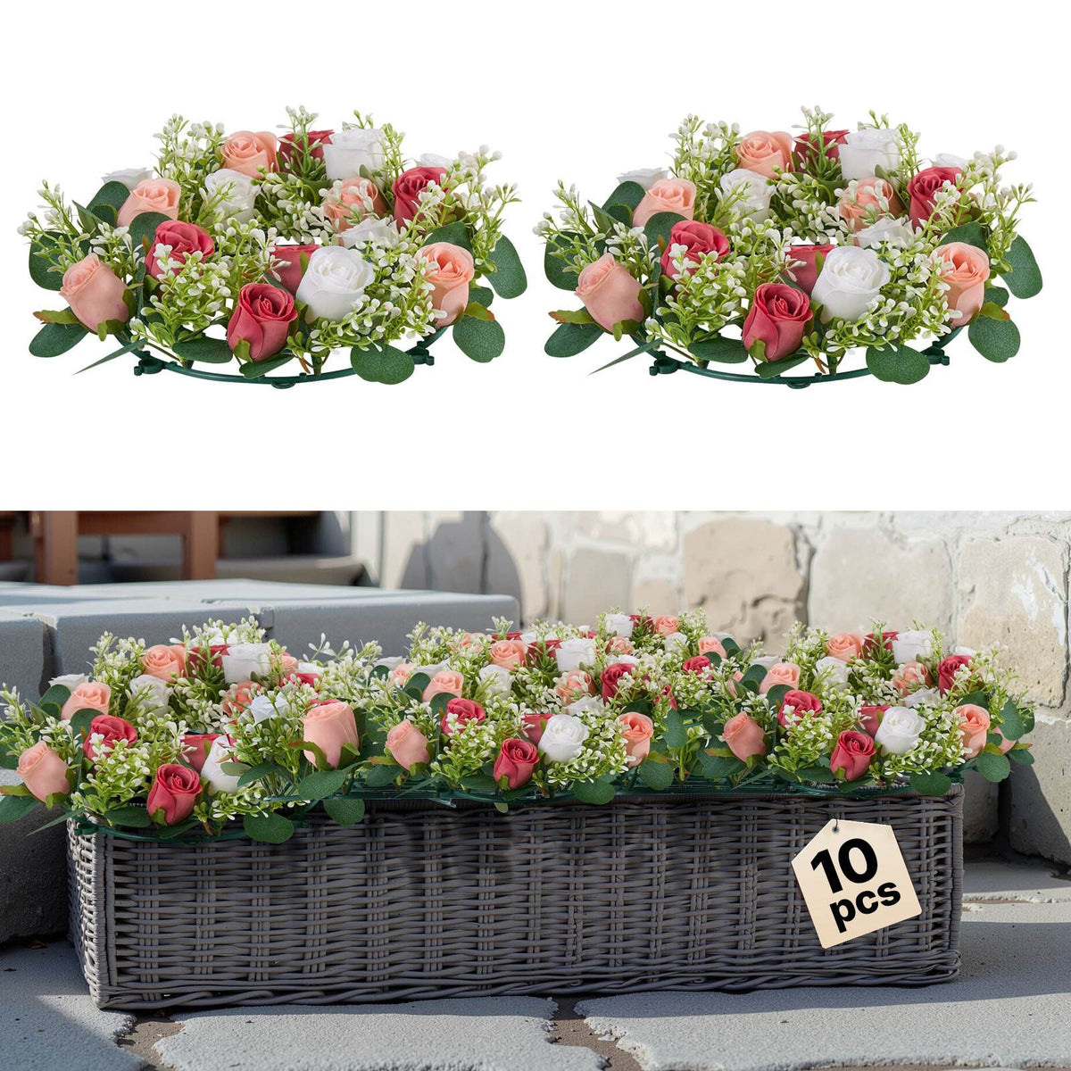 Artificial Rose Wreath, 14-Inch Diameter Faux Flower Wreath with Pink and White Roses, Flower Arrangement Centerpiece for Valentine's, Mother's Day, Party, Wedding and Home Table Décor, 10 PCS