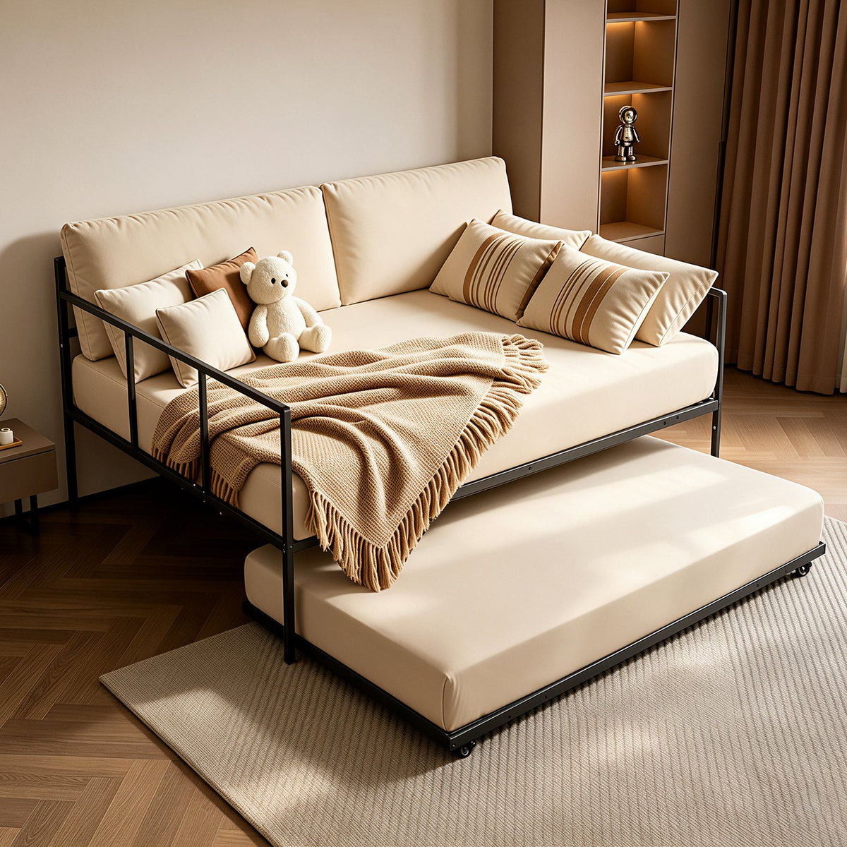 Full Size Daybed with Pop Up Trundle Twin Size Metal Day Bed Frame, for Living Room Bedroom Guest Room, Sturdy Metal Design, Space Saving Sofa Bed, 2 Lockable Casters, Easy Assembly, Black