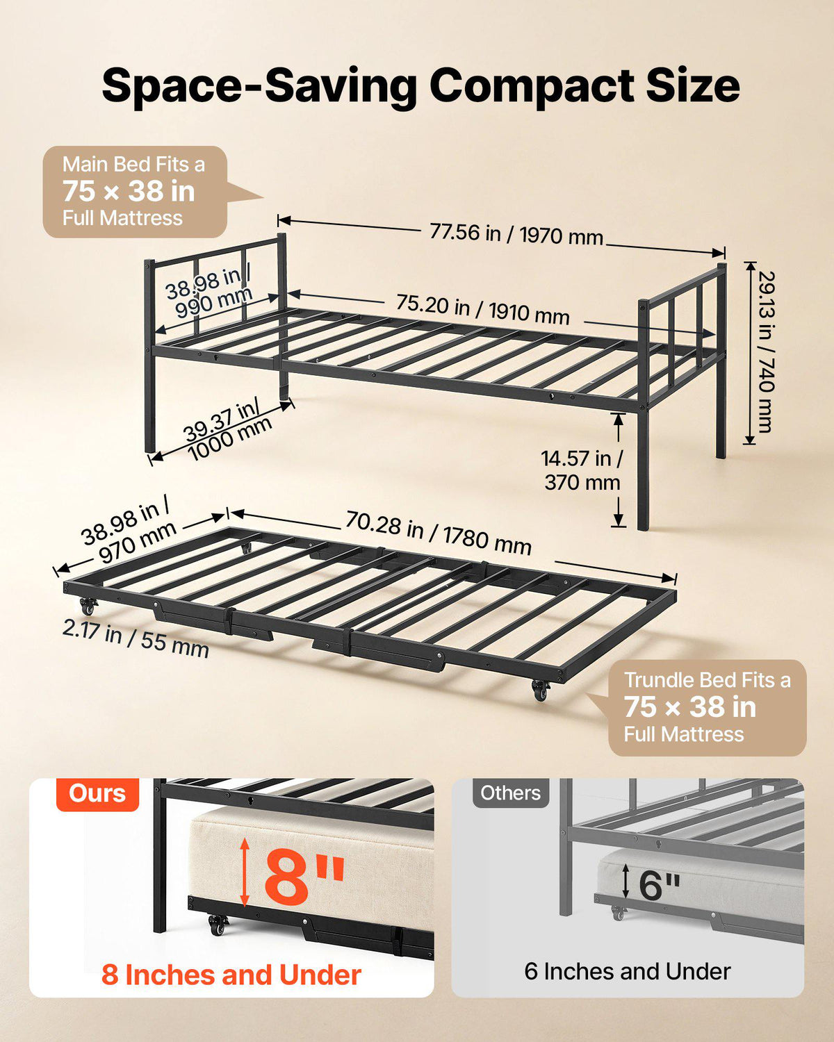 Twin Daybed with Pop Up Trundle Metal Twin Daybed Frame Rectangular, for Living Room Bedroom Guest Room, Space Saving, Heavy-Duty Metal Sofa Bed Support, 2 Lockable Casters, Easy Assembly, Black