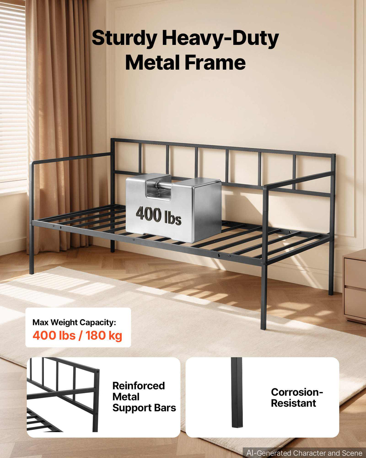 Twin Daybed Metal Twin Size Day Bed Frame with Under-Bed Storage, for Living Room Bedroom Guest Room, Space Saving, Heavy-Duty Metal Sofa Bed Support, Easy Assembly, Without Trundle, Black