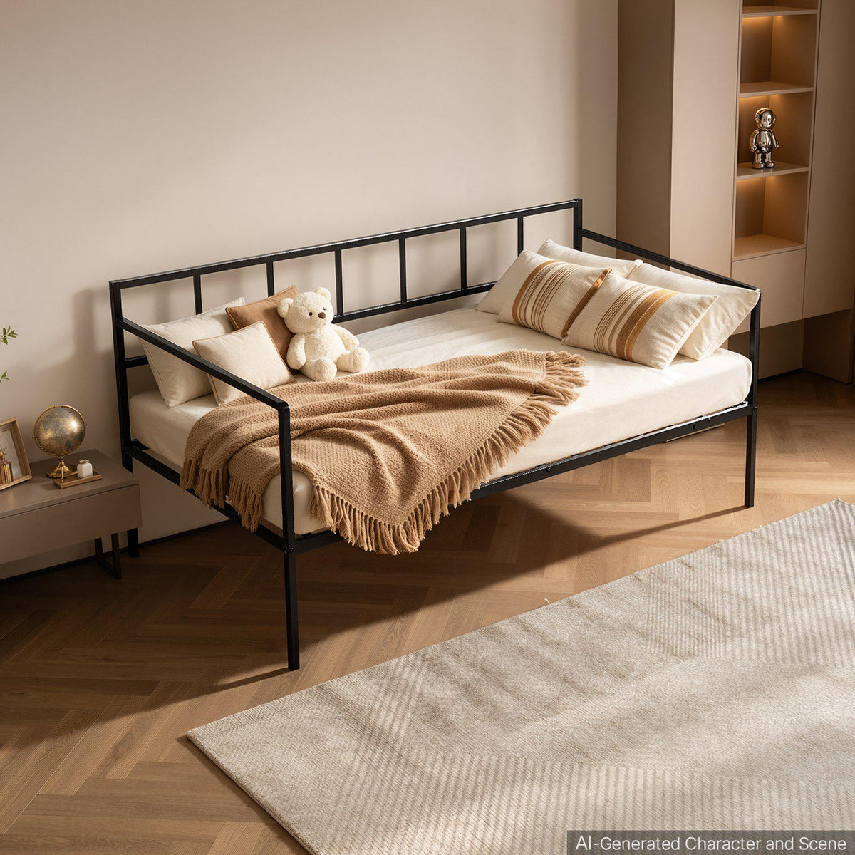 Twin Daybed Metal Twin Size Day Bed Frame with Under-Bed Storage, for Living Room Bedroom Guest Room, Space Saving, Heavy-Duty Metal Sofa Bed Support, Easy Assembly, Without Trundle, Black