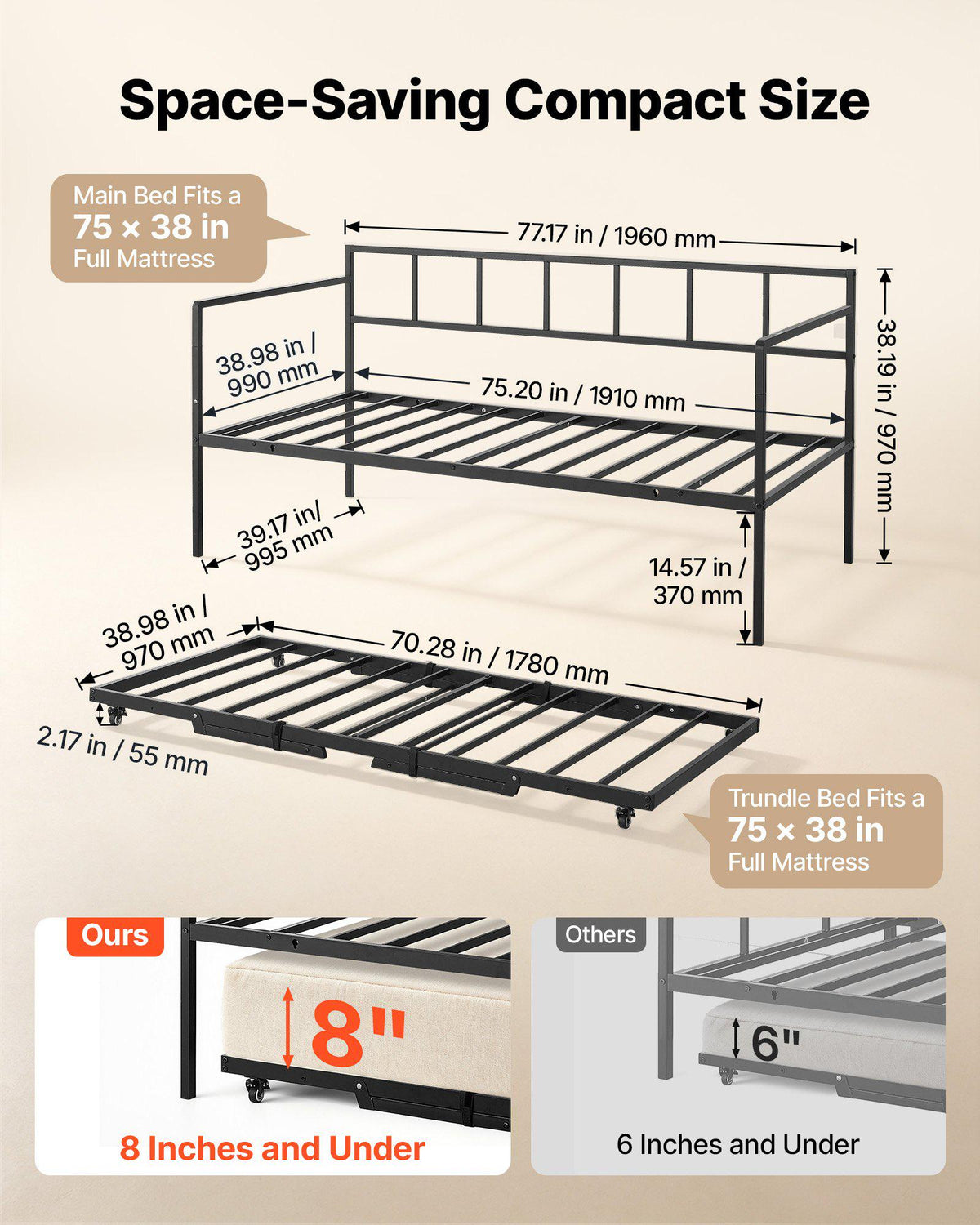 Twin Daybed with Pop Up Trundle Metal Twin Day Bed Frame Pull Out, for Living Room Bedroom Guest Room, Space Saving, Heavy-Duty Metal Sofa Bed Support, Lockable Casters, Easy Assembly, Black