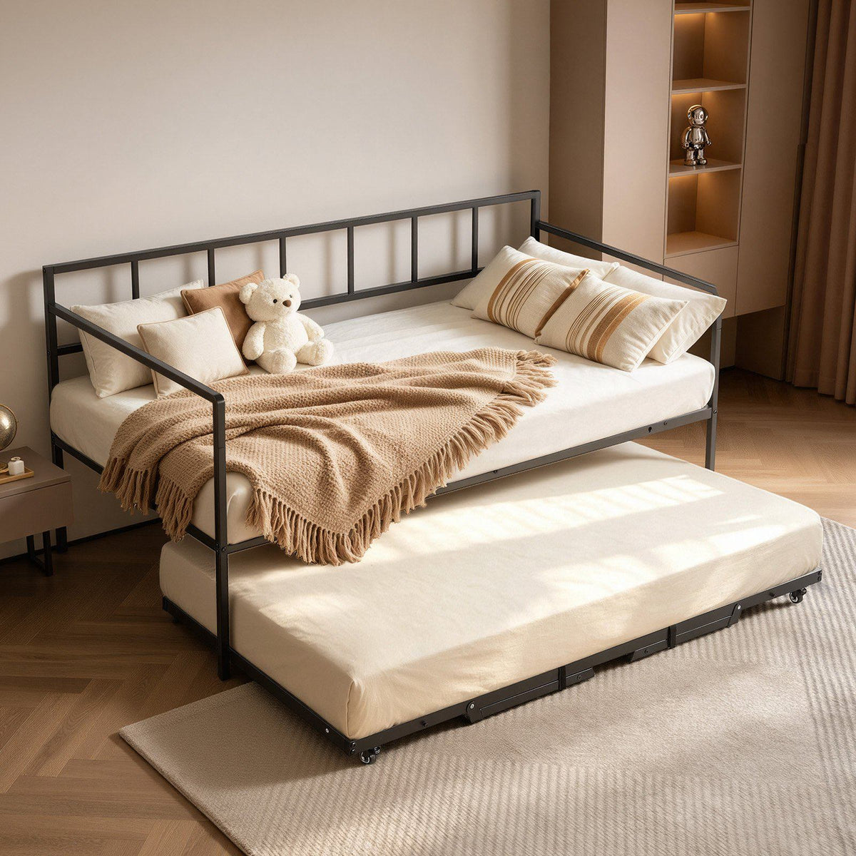 Twin Daybed with Pop Up Trundle Metal Twin Day Bed Frame Pull Out, for Living Room Bedroom Guest Room, Space Saving, Heavy-Duty Metal Sofa Bed Support, Lockable Casters, Easy Assembly, Black