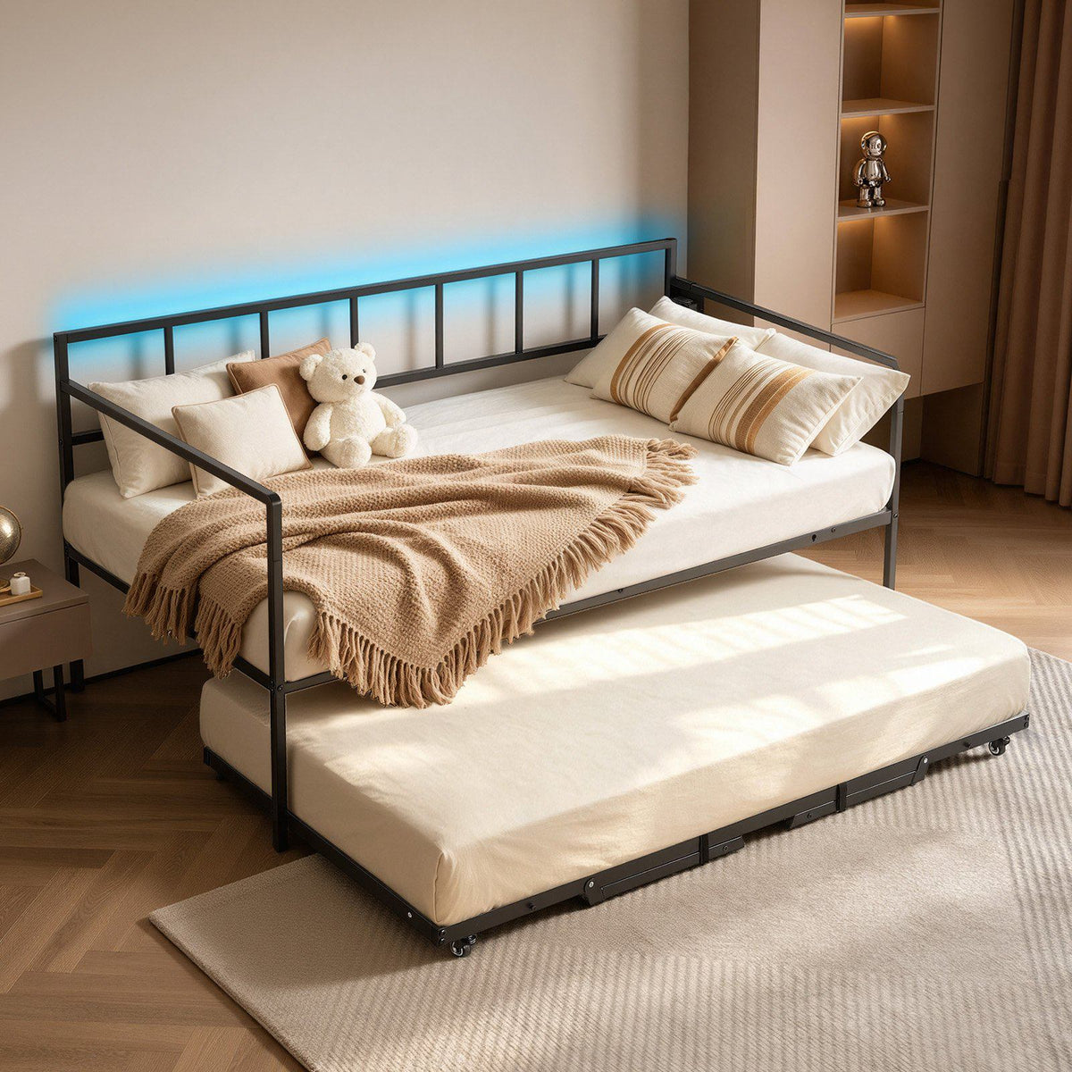 Twin Daybed with Pop Up Trundle Metal Charging Station LED Light, for Living Room Bedroom Guest Room, Heavy Duty Twin Size Sofa Day Bed Frame, Height Adjustable, with Lockable Casters, Black