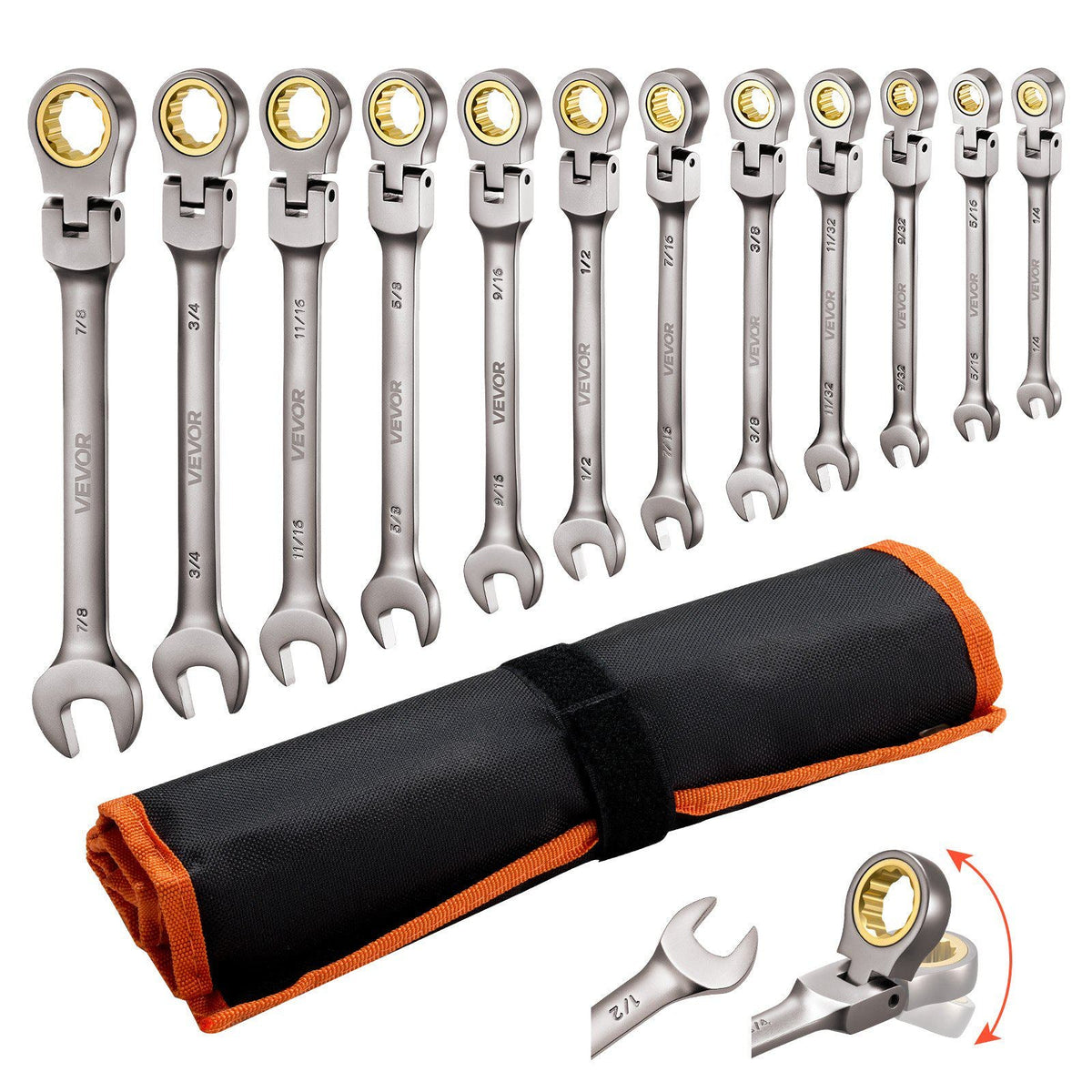 Flex-Head Ratcheting Wrench Set, 12-Piece SAE Sizes, 72 Teeth, Cr-V Steel Ratchet Flexible Combination Wrench Set with Roll Up Pouch, for General Household and Automotive Repairs, Gray Nickel
