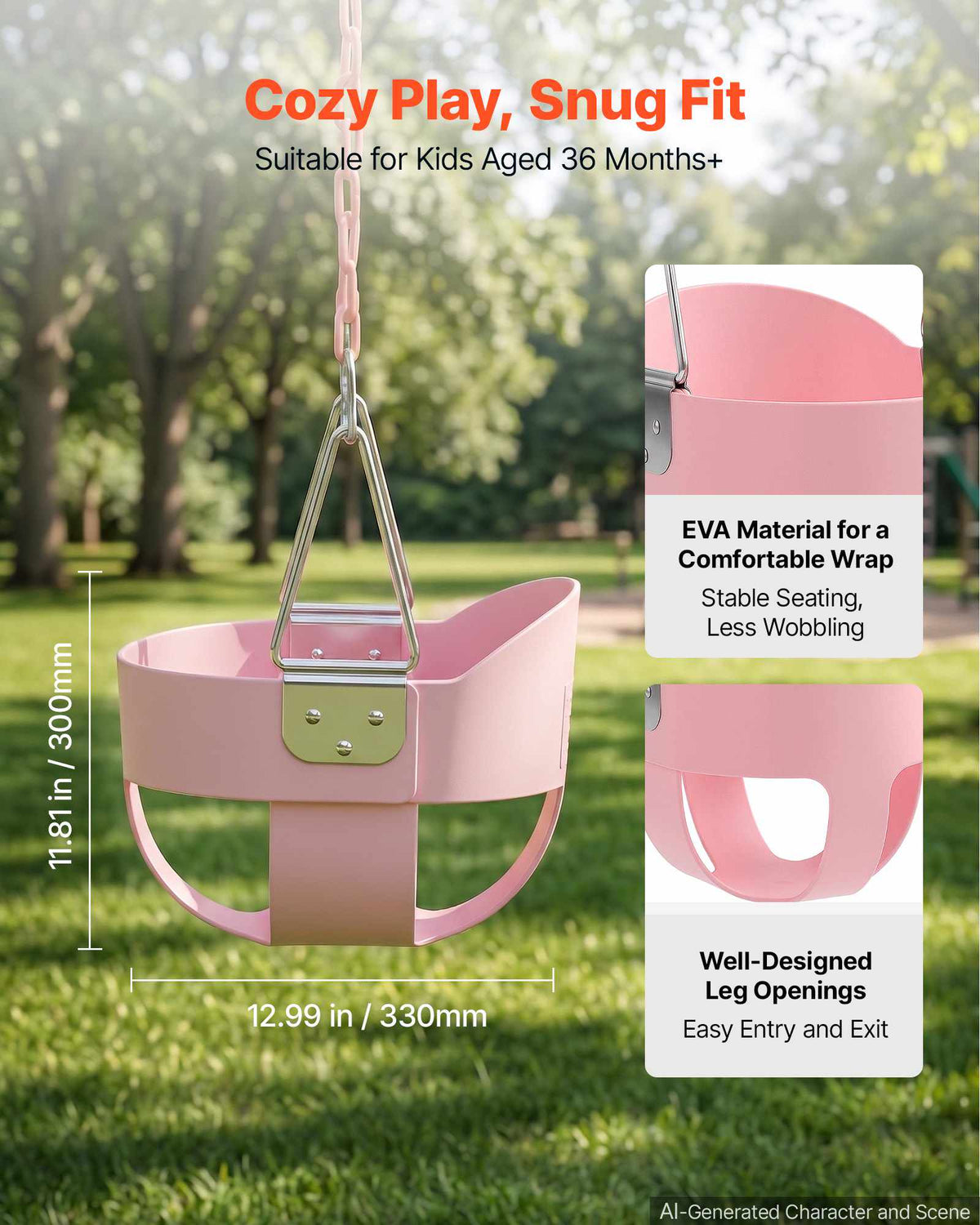 Toddler Swing 300 lbs High Back Full Bucket Baby Swing Seat Pink, for Outdoor & Indoor Backyard Playground, Heavy-Duty Coated Chains and Carabiners, Fully Assembled Seat for Toddlers Age 3+