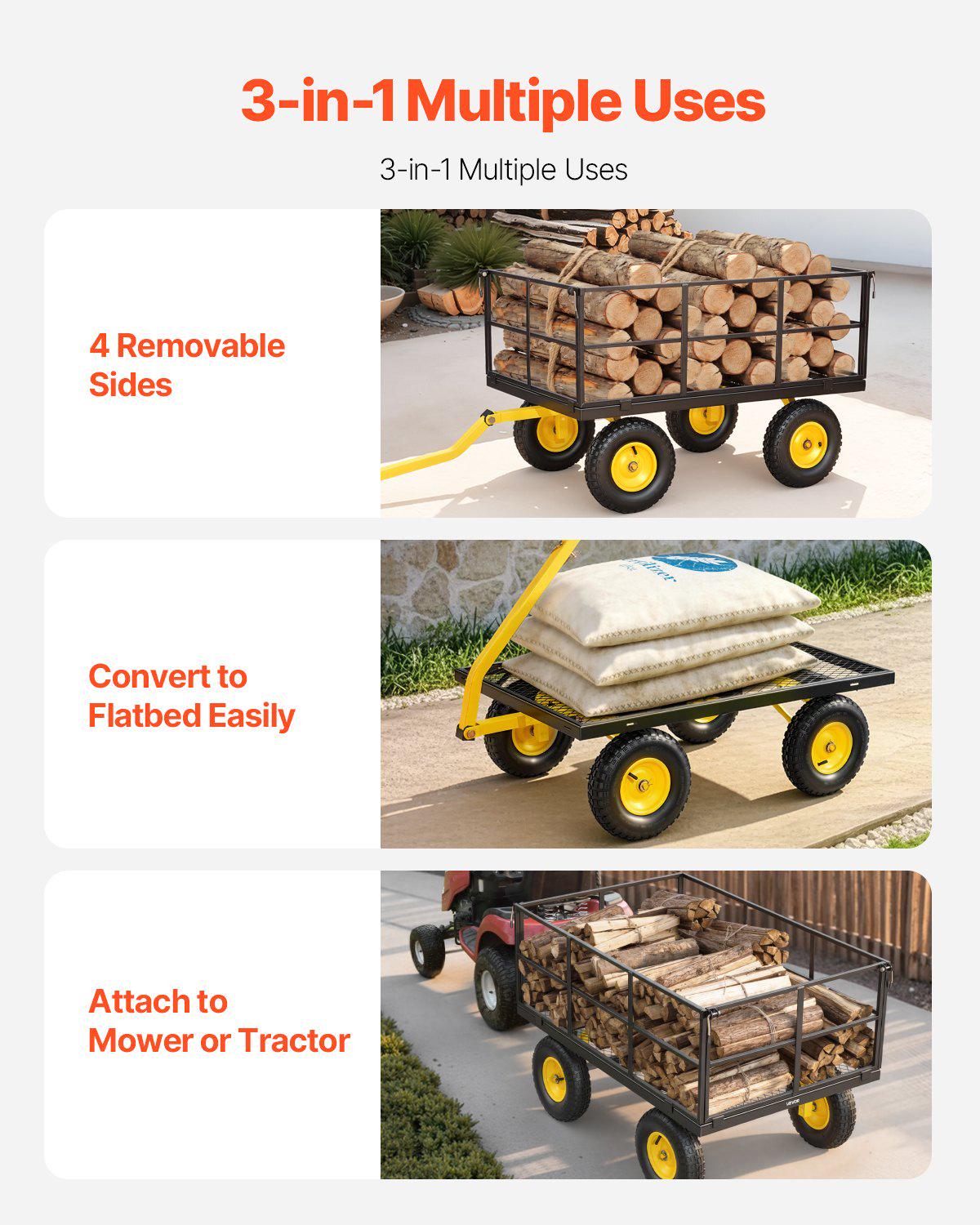 Steel Garden Cart, 1400 lbs Heavy Duty Pullable Garden Wagon Yard Cart, 2 in 1 Outdoor Metal Utility Wagon Yard Trailer with 13" All Terrain Tires, Mesh Detachable Sides and 180° Rotating Handle
