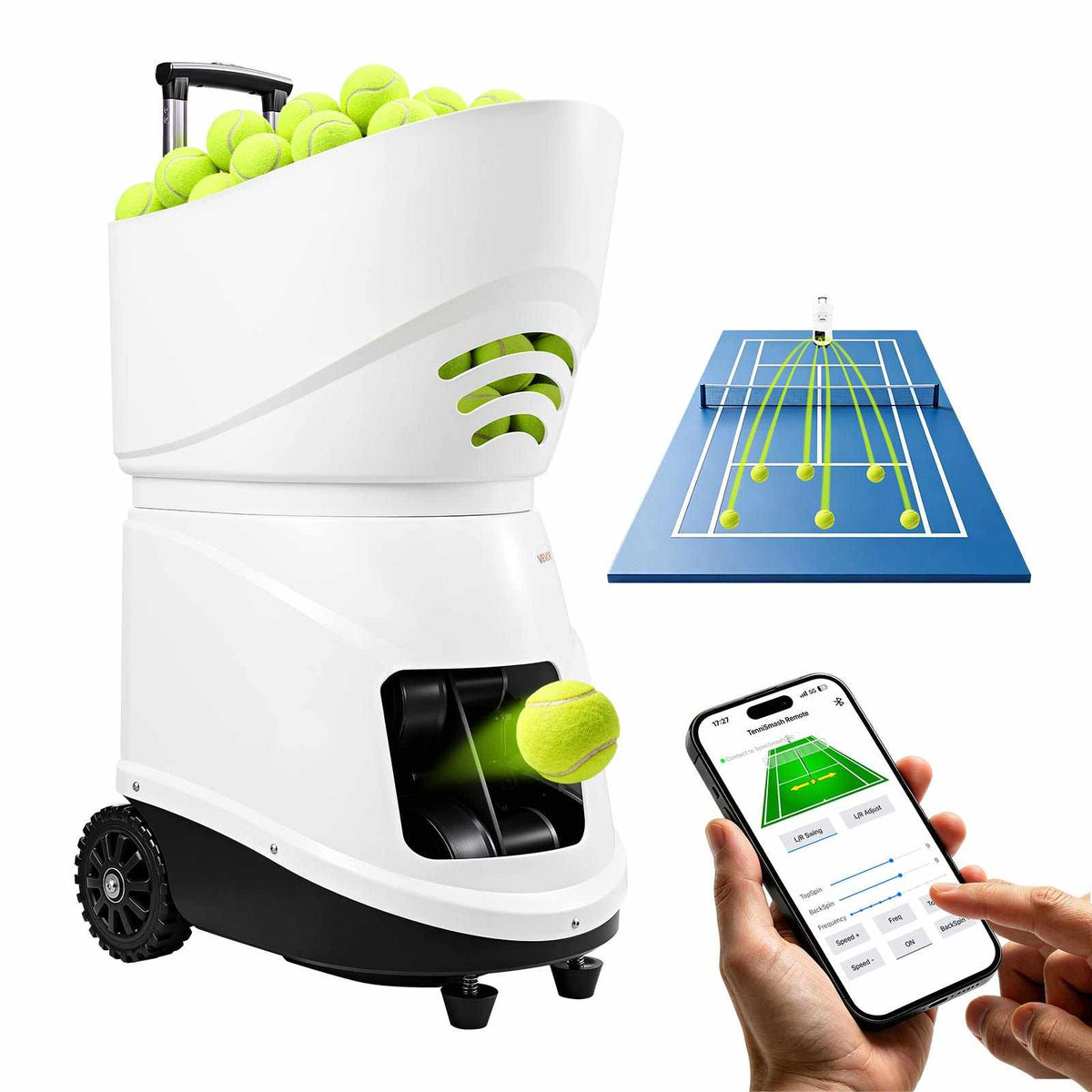 Tennis Ball Machine,2H Runtimeand150 Ball Capacity Auto Ball Launcher, for Beginners and Pro Practice Training, with App Remote Control, Spin Control, 2 Training Modes, and Speeds up to 80MPH